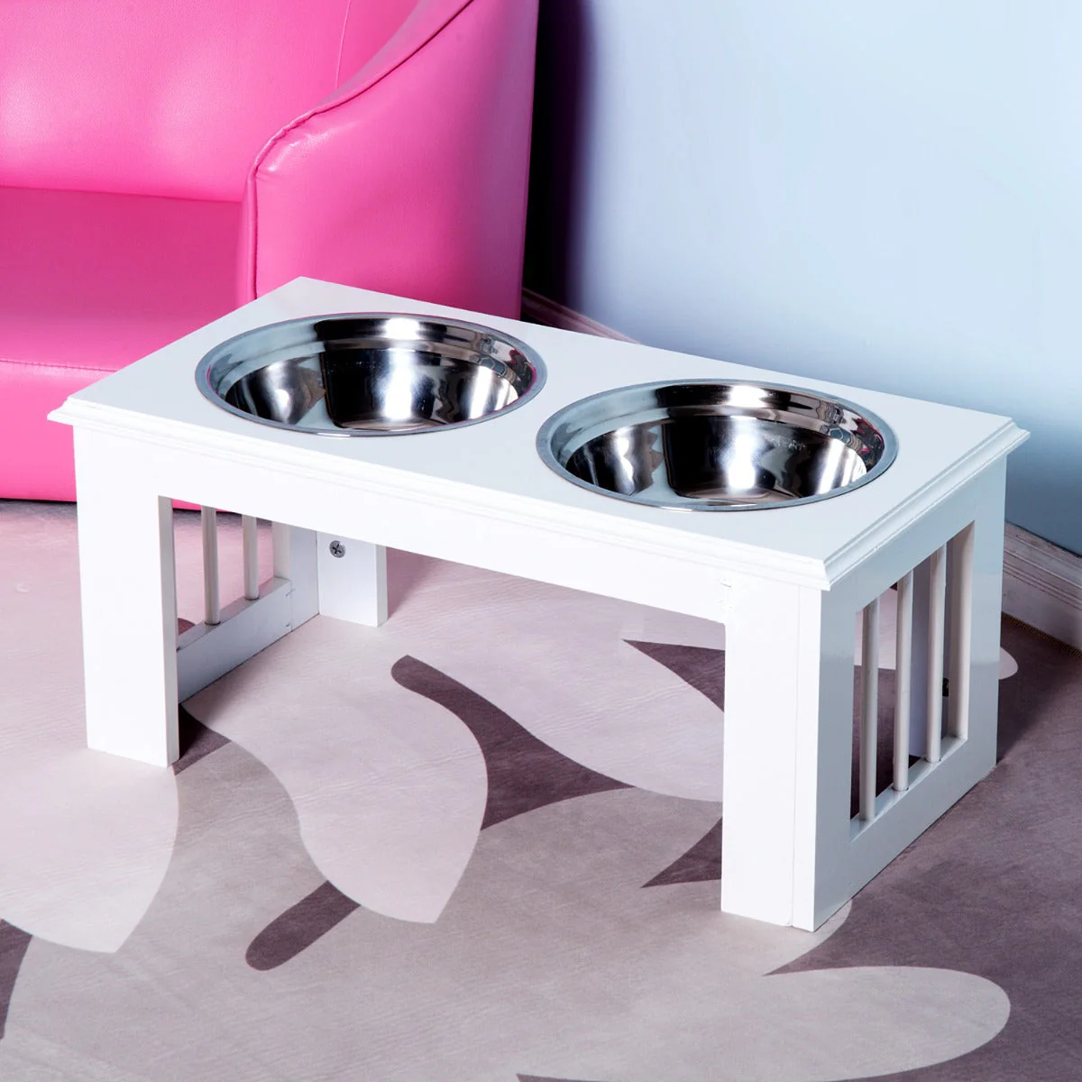 PawHut Stainless Steel Raised Dog Feeding Bowls with Stand for Small Medium Dogs Elevated Twin Pet Bowls Water Food Feeder 58.4L x 30.5W x 25.4H cm - White - Image 3