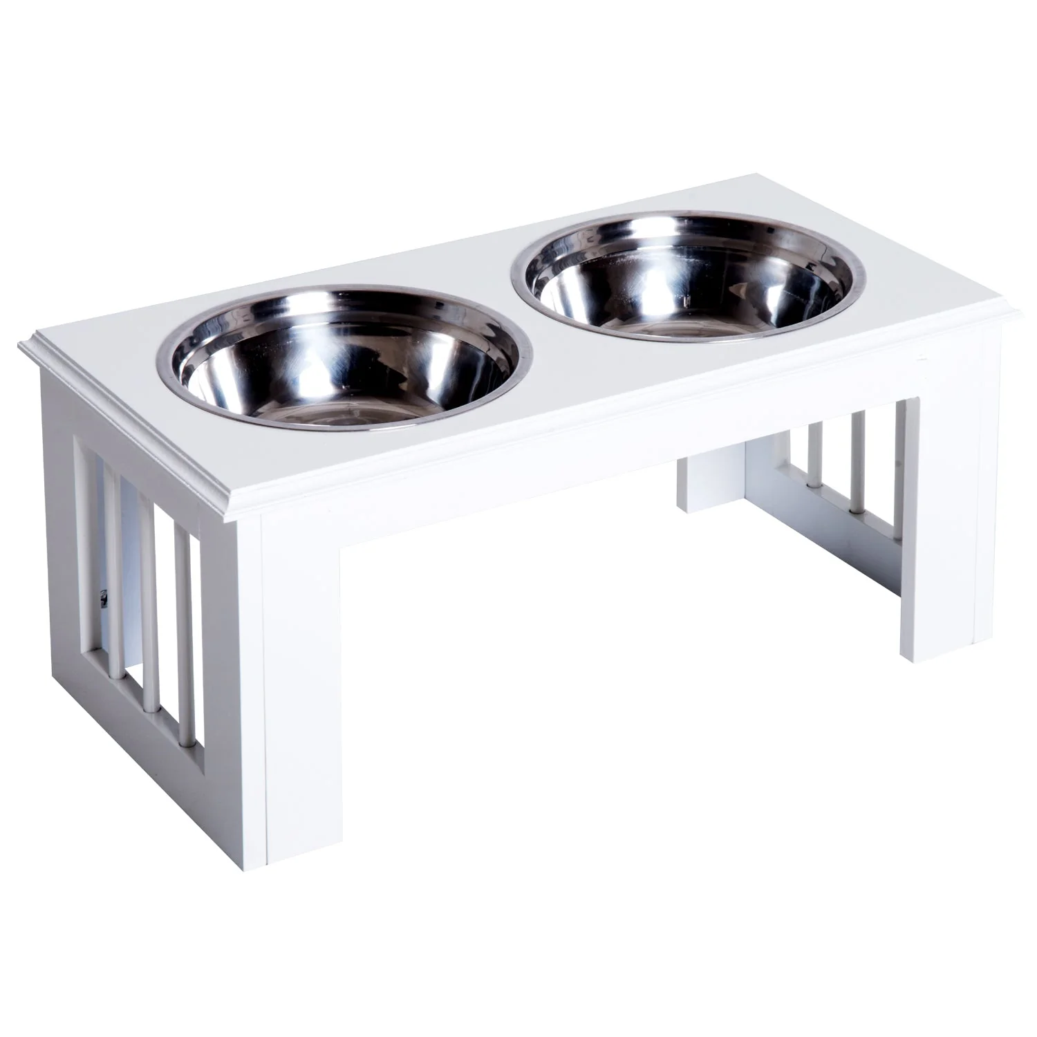 PawHut Stainless Steel Raised Dog Feeding Bowls with Stand for Small Medium Dogs Elevated Twin Pet Bowls Water Food Feeder 58.4L x 30.5W x 25.4H cm - White - Image 4