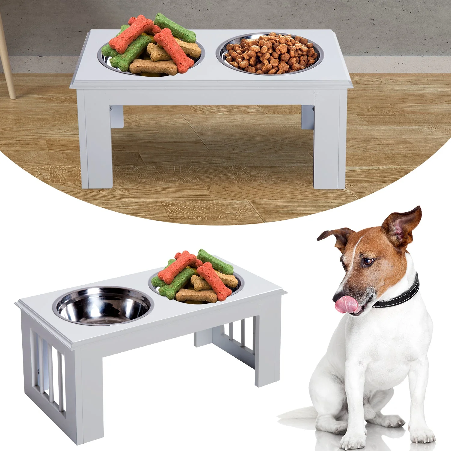 PawHut Stainless Steel Raised Dog Feeding Bowls with Stand for Small Medium Dogs Elevated Twin Pet Bowls Water Food Feeder 58.4L x 30.5W x 25.4H cm - White - Image 5