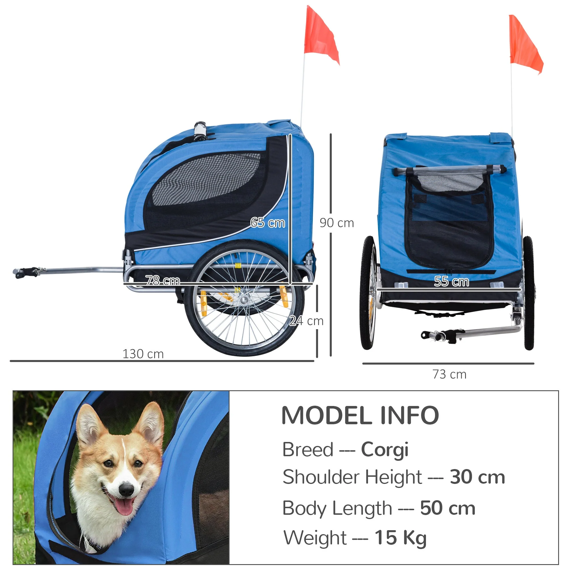 PawHut Steel Dog Bike Trailer Pet Cart Carrier for Bicycle Kit Water Resistant with Hitch Coupler Travel Black and Blue - Image 5