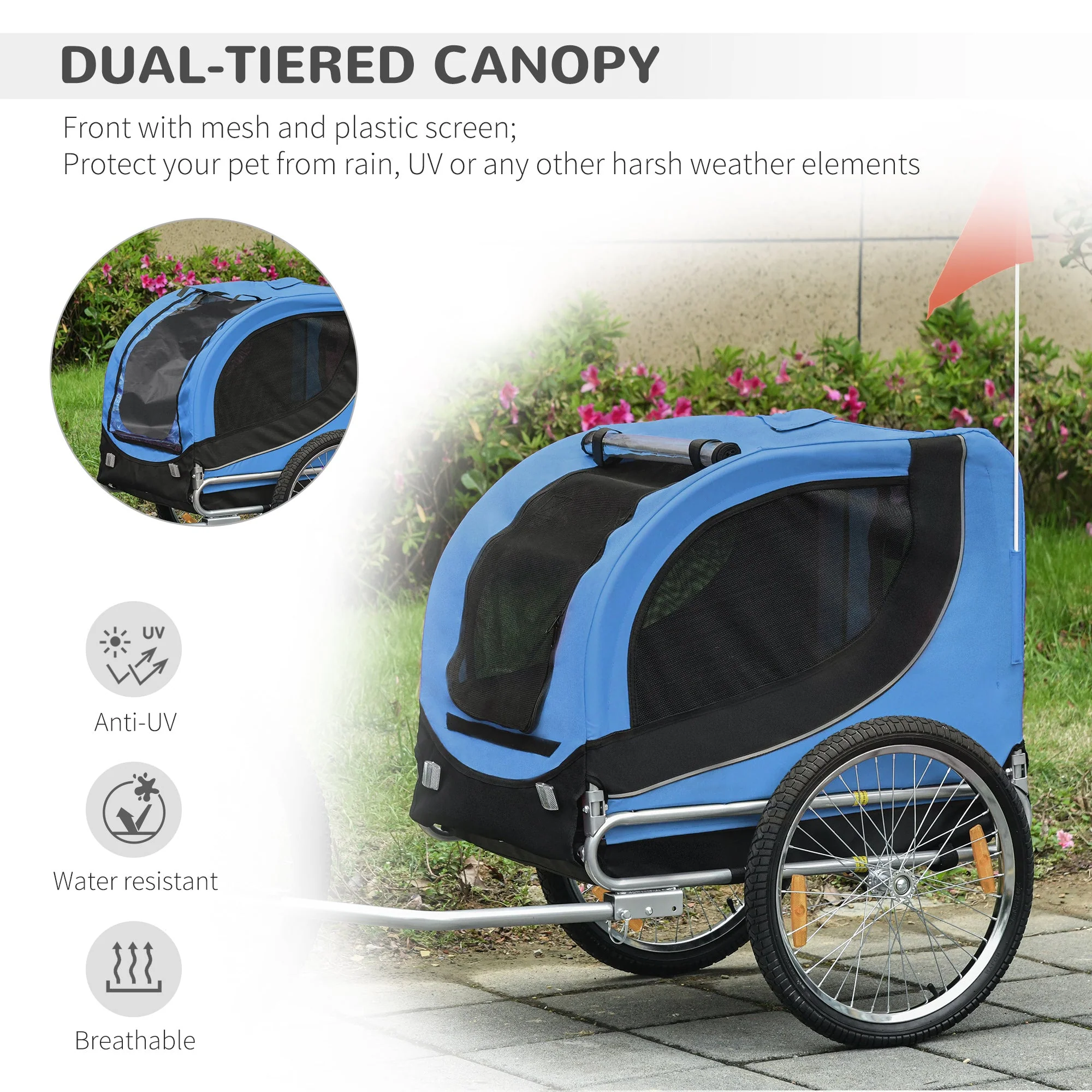 PawHut Steel Dog Bike Trailer Pet Cart Carrier for Bicycle Kit Water Resistant with Hitch Coupler Travel Black and Blue - Image 8