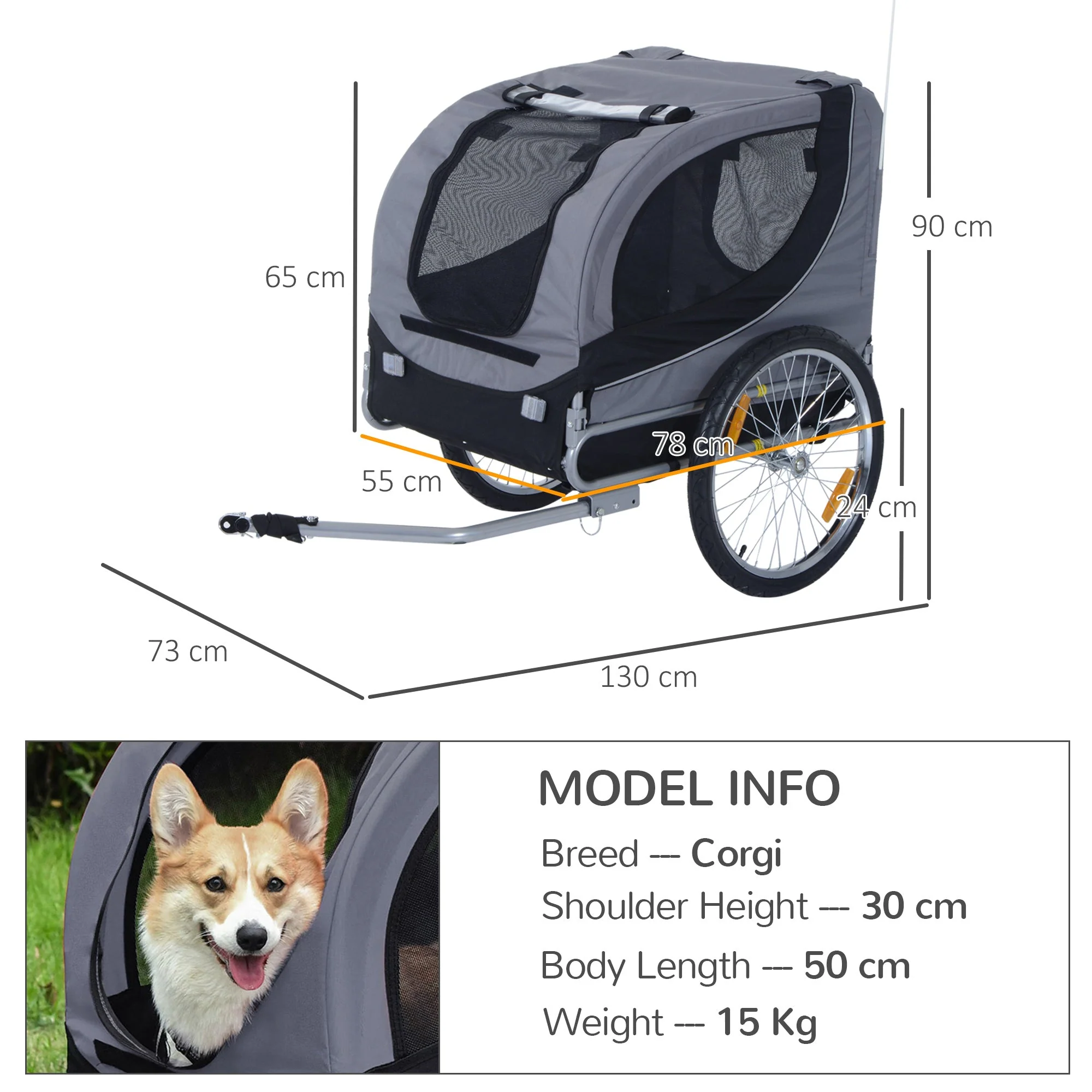 PawHut Steel Pet Bicycle Trailer 2 Wheel Jogger Carrier Grey - Image 3