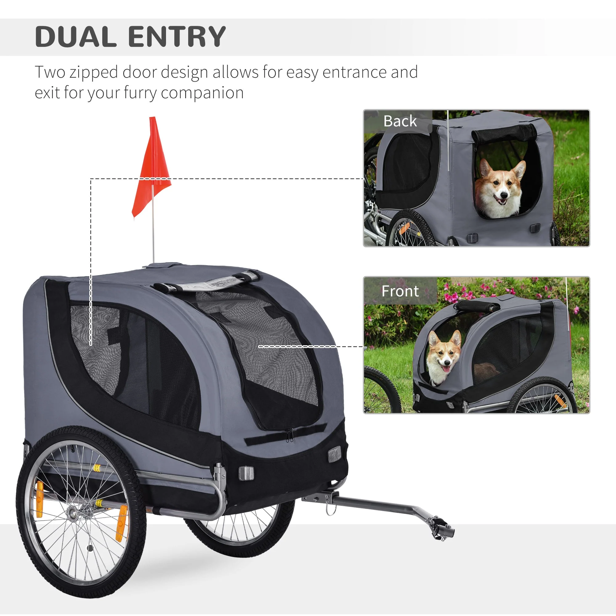 PawHut Steel Pet Bicycle Trailer 2 Wheel Jogger Carrier Grey - Image 6