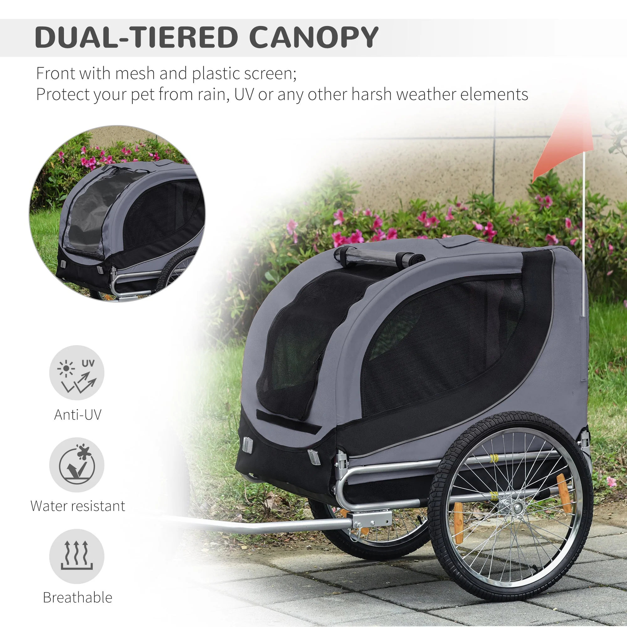 PawHut Steel Pet Bicycle Trailer 2 Wheel Jogger Carrier Grey - Image 7