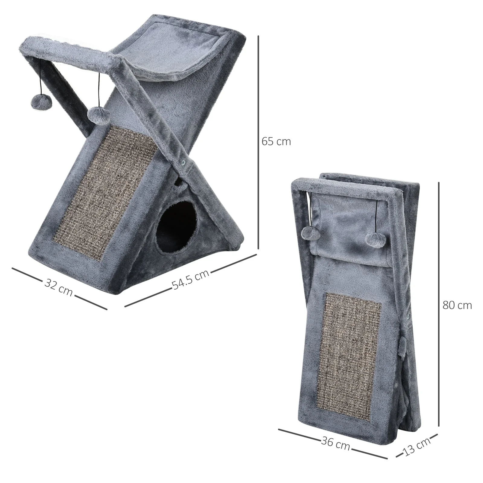 PawHut Two Tier Cat Tree for Indoor Cats Play Rest Activity Tower Plush Folding Relax Center w/ Scratching Post Hammock Pom Poms Grey - Image 2