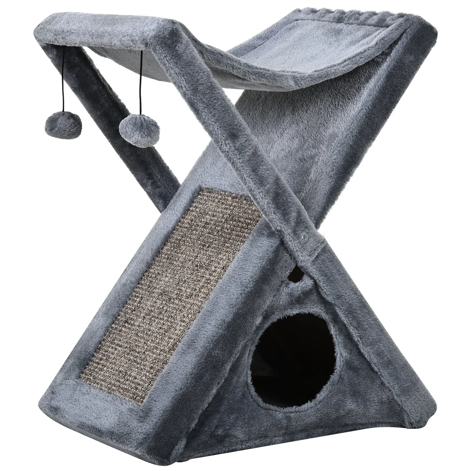 PawHut Two Tier Cat Tree for Indoor Cats Play Rest Activity Tower Plush Folding Relax Center w/ Scratching Post Hammock Pom Poms Grey - Image 4