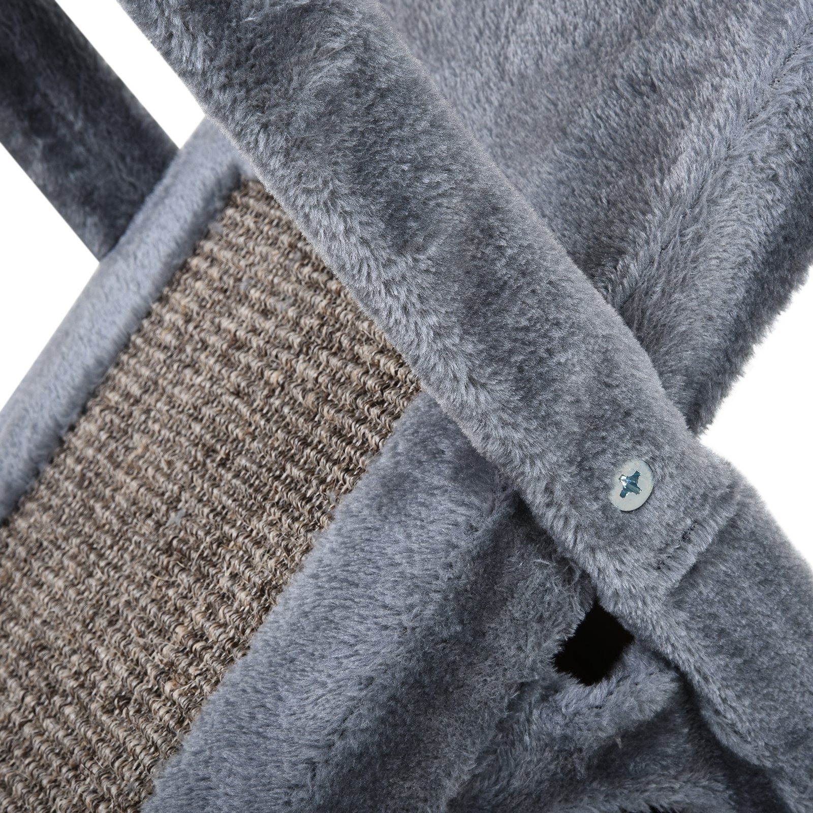 PawHut Two Tier Cat Tree for Indoor Cats Play Rest Activity Tower Plush Folding Relax Center w/ Scratching Post Hammock Pom Poms Grey - Image 8
