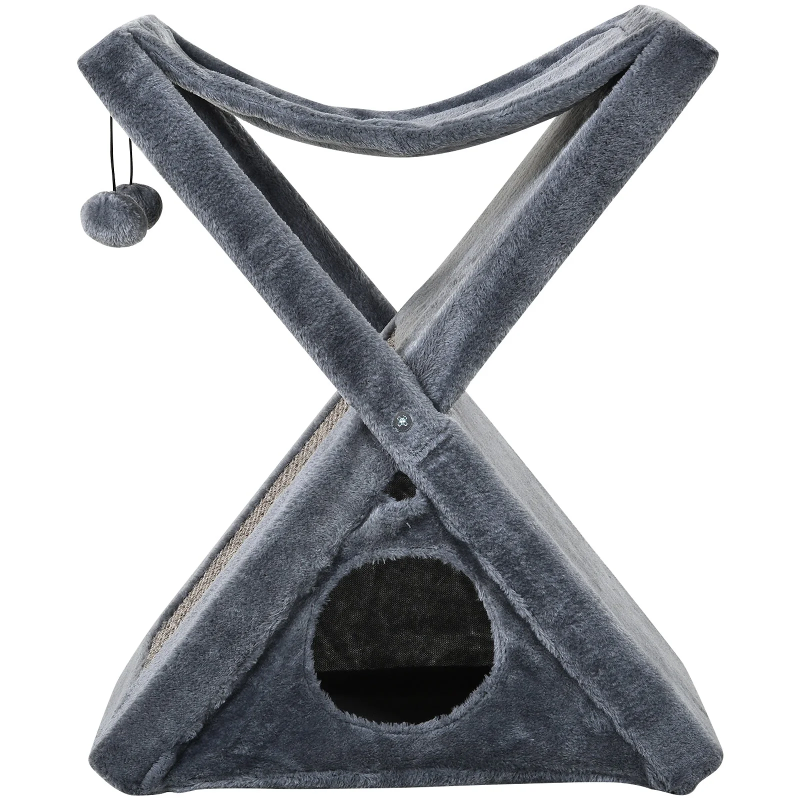 PawHut Two Tier Cat Tree for Indoor Cats Play Rest Activity Tower Plush Folding Relax Center w/ Scratching Post Hammock Pom Poms Grey - Image 9