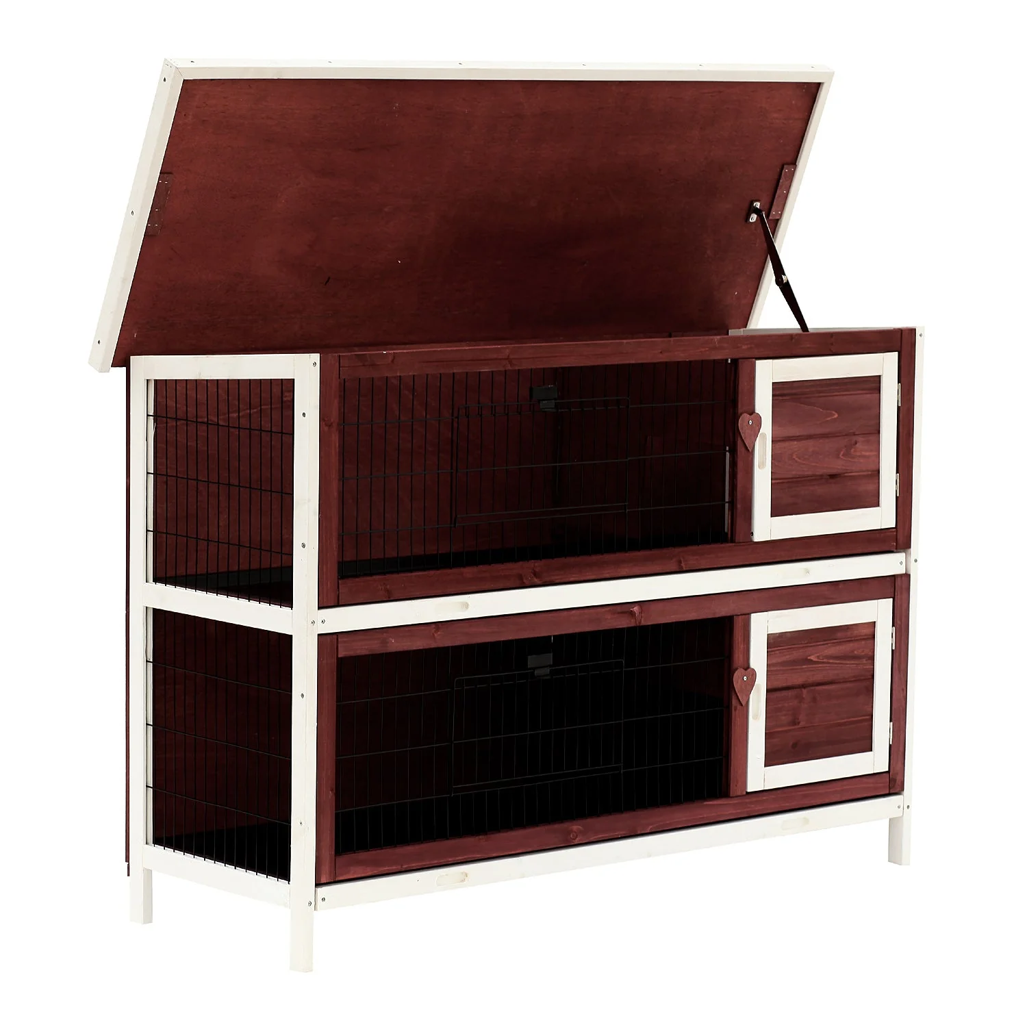PawHut Two-Tier Double Decker Wooden Rabbit Hutch Pet Cage 136.4Lx50Wx93H cm-Brown/White - Image 2