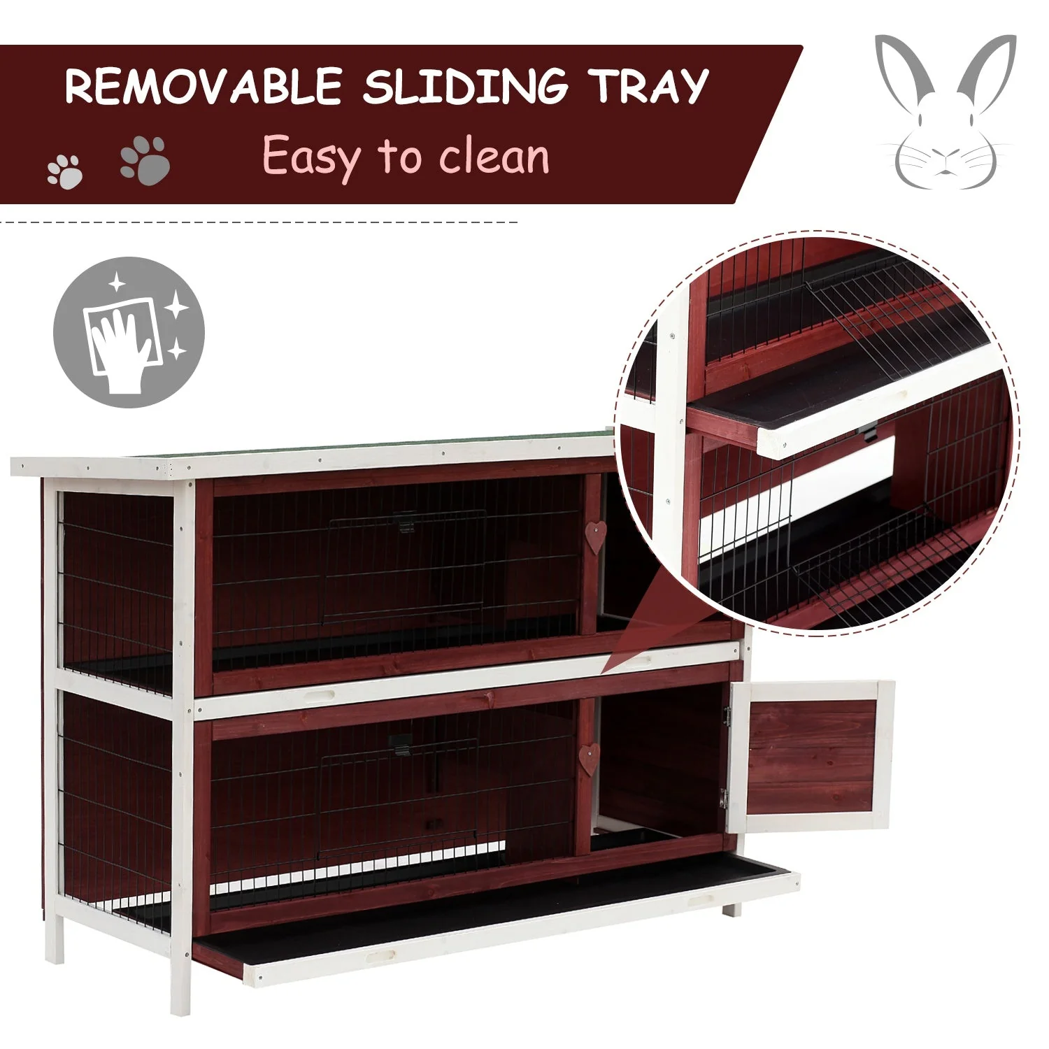 PawHut Two-Tier Double Decker Wooden Rabbit Hutch Pet Cage 136.4Lx50Wx93H cm-Brown/White - Image 4