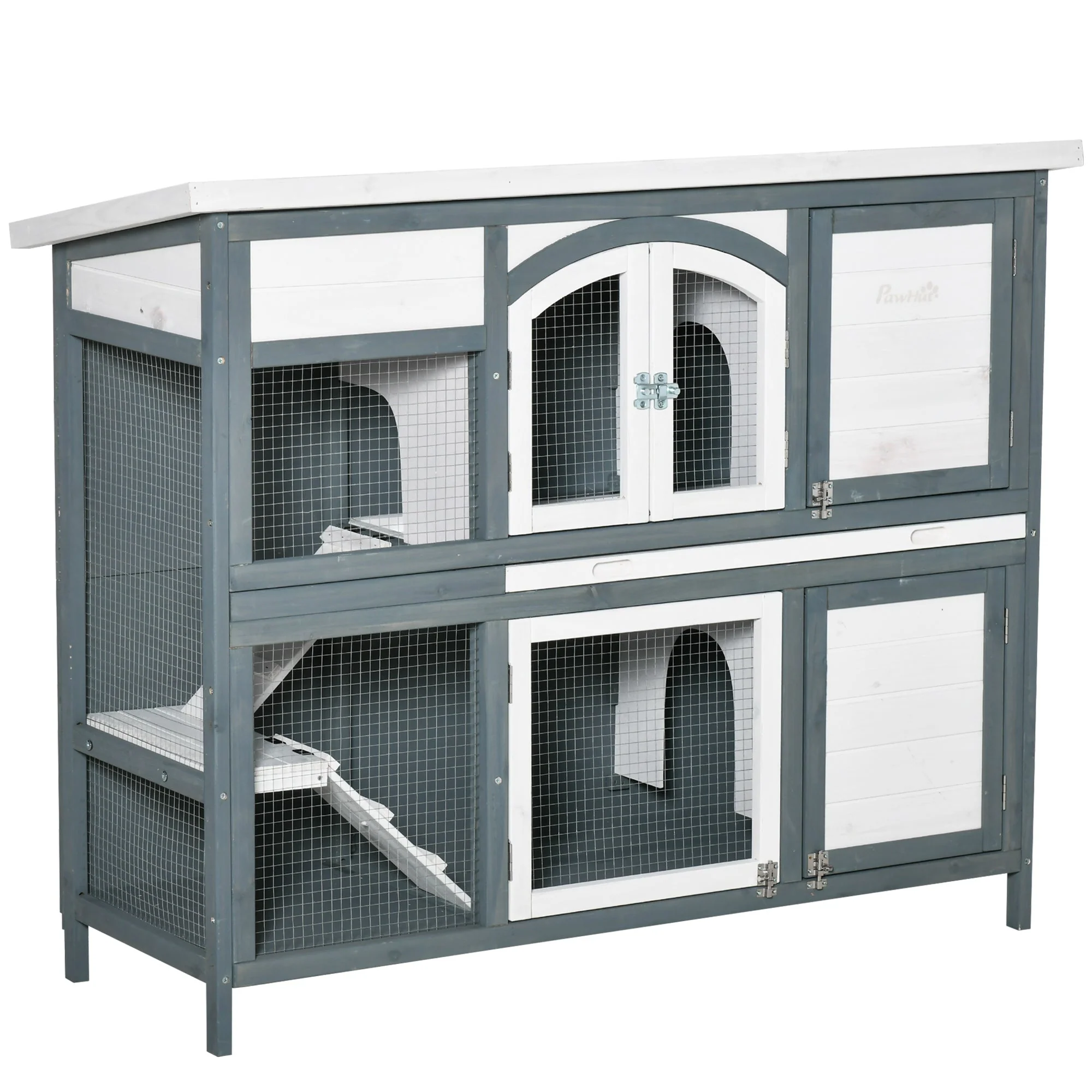 PawHut Two-Tier Wooden Rabbit Hutch Guinea Pig Cage w/ Openable Roof - Image 2