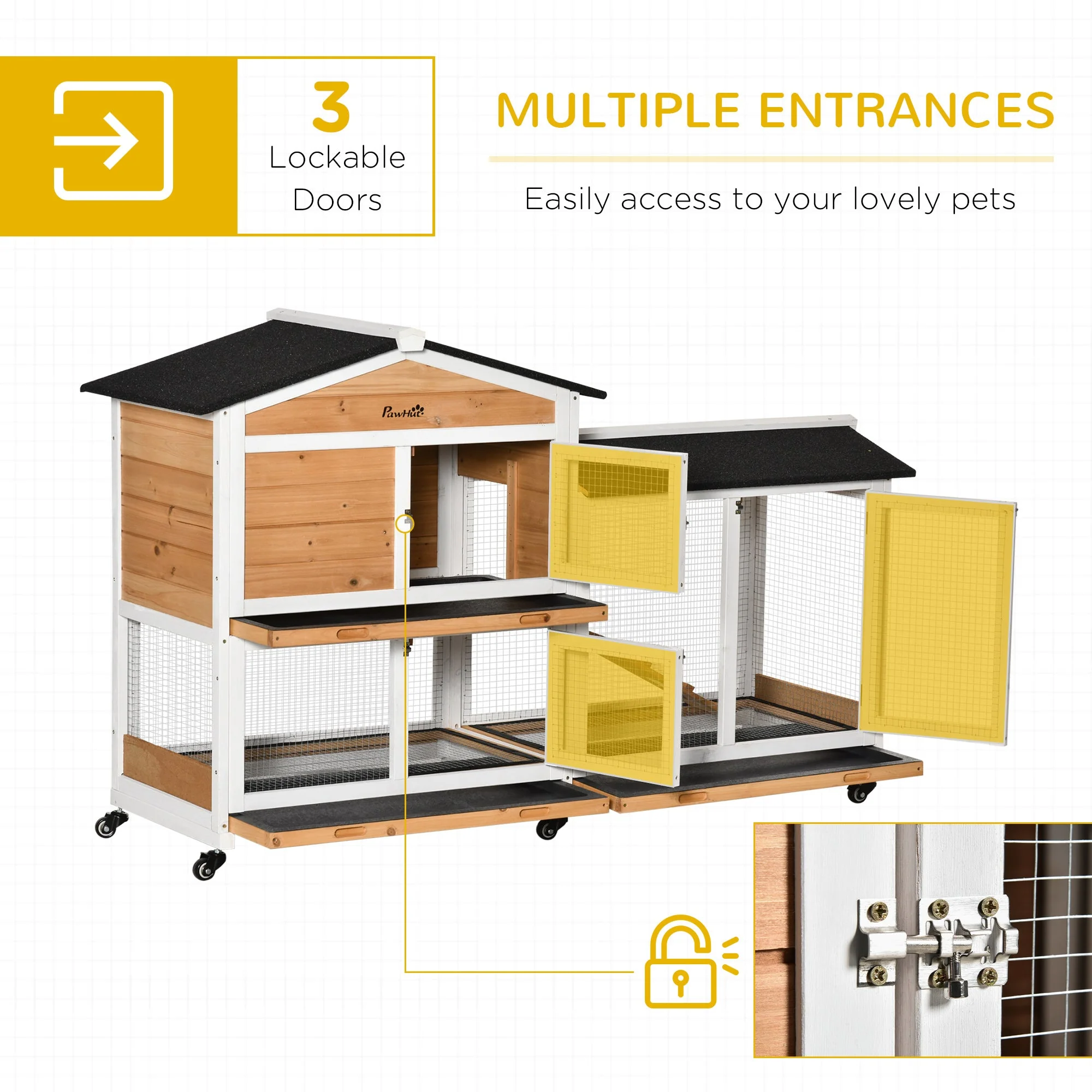 PawHut Two-Tier Wooden Rabbit Hutch Mobile Guinea Pig Cage Bunny Run w/ Wheels - Image 6