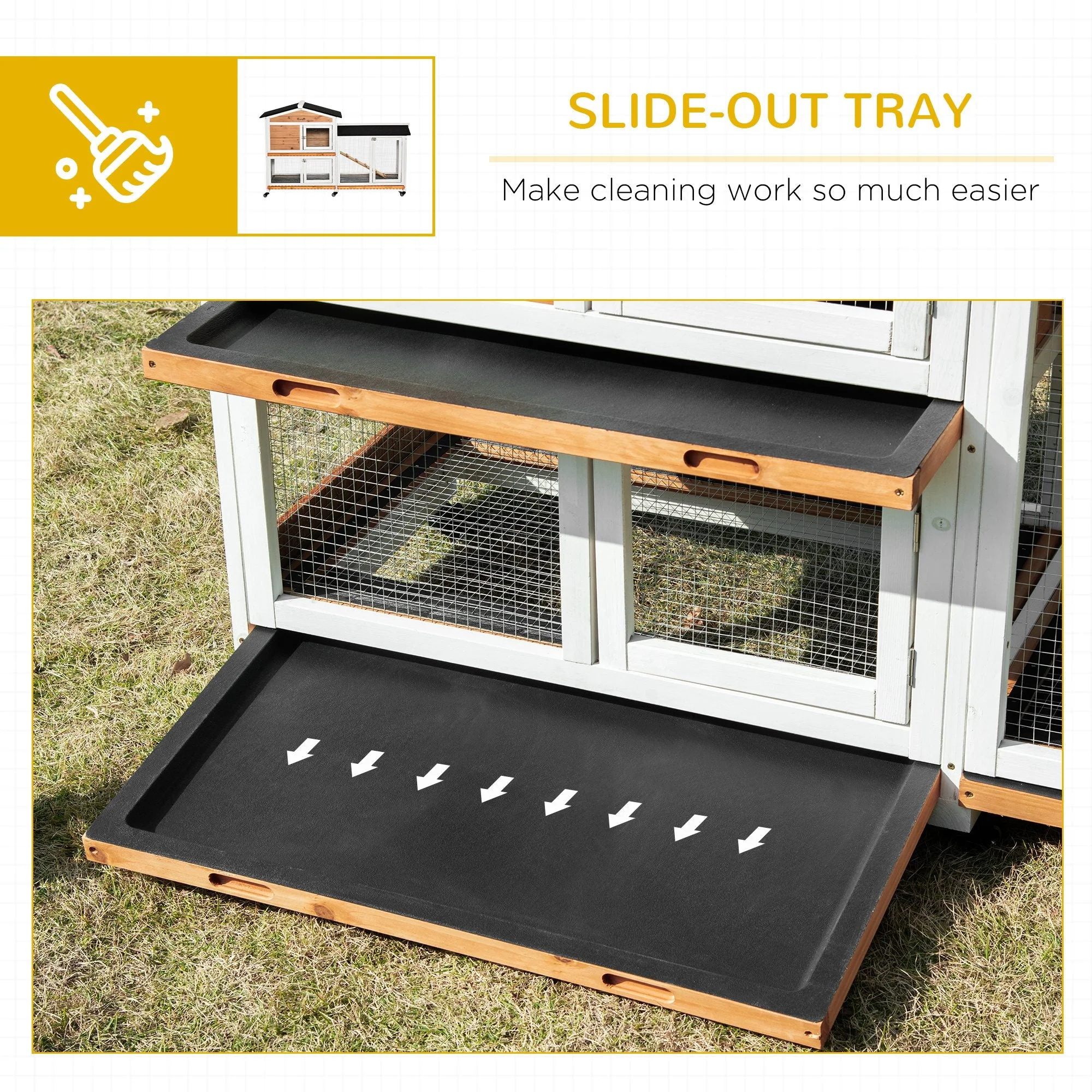 PawHut Two-Tier Wooden Rabbit Hutch Mobile Guinea Pig Cage Bunny Run w/ Wheels - Image 7