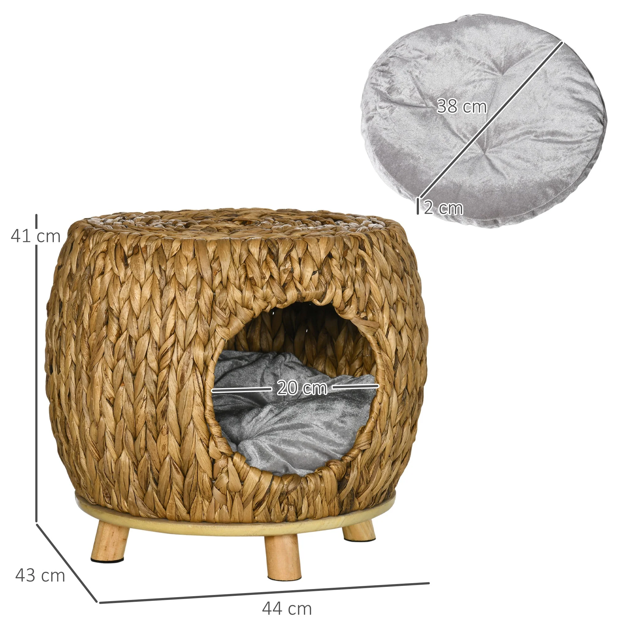 Pawhut Wicker Cat Bed Cat House Stool With Washable Cushion 44 X 43 X 41cm - Image 2