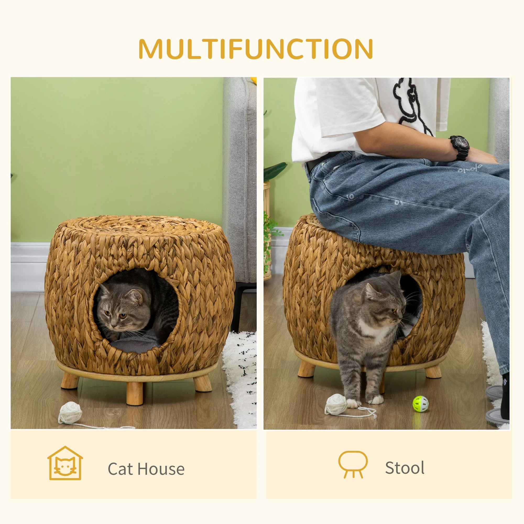 Pawhut Wicker Cat Bed Cat House Stool With Washable Cushion 44 X 43 X 41cm - Image 3
