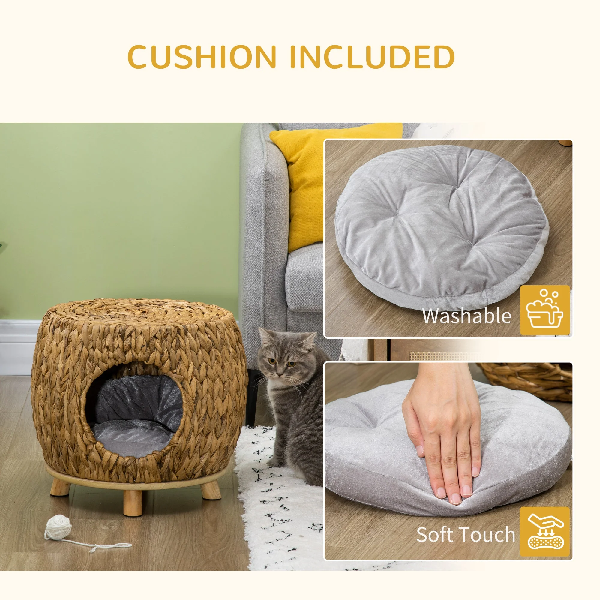 Pawhut Wicker Cat Bed Cat House Stool With Washable Cushion 44 X 43 X 41cm - Image 5