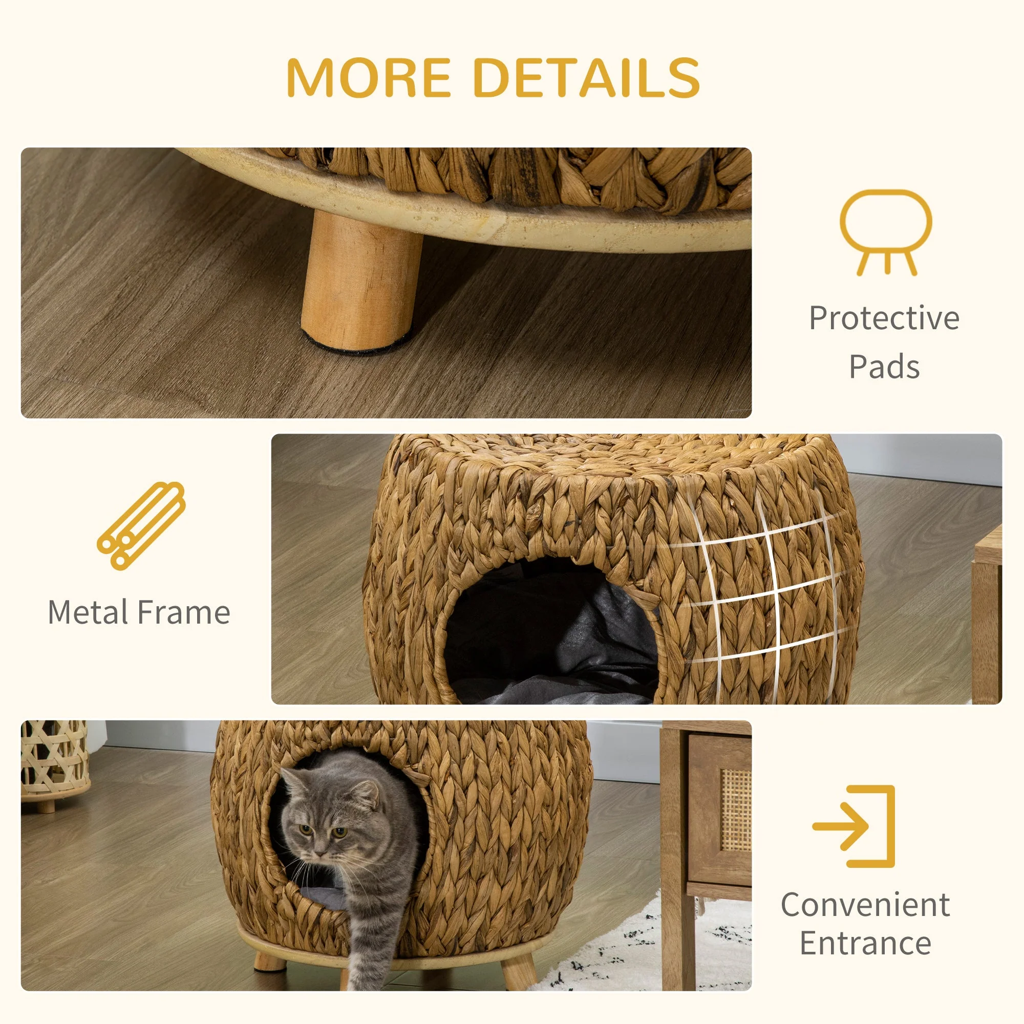 Pawhut Wicker Cat Bed Cat House Stool With Washable Cushion 44 X 43 X 41cm - Image 6