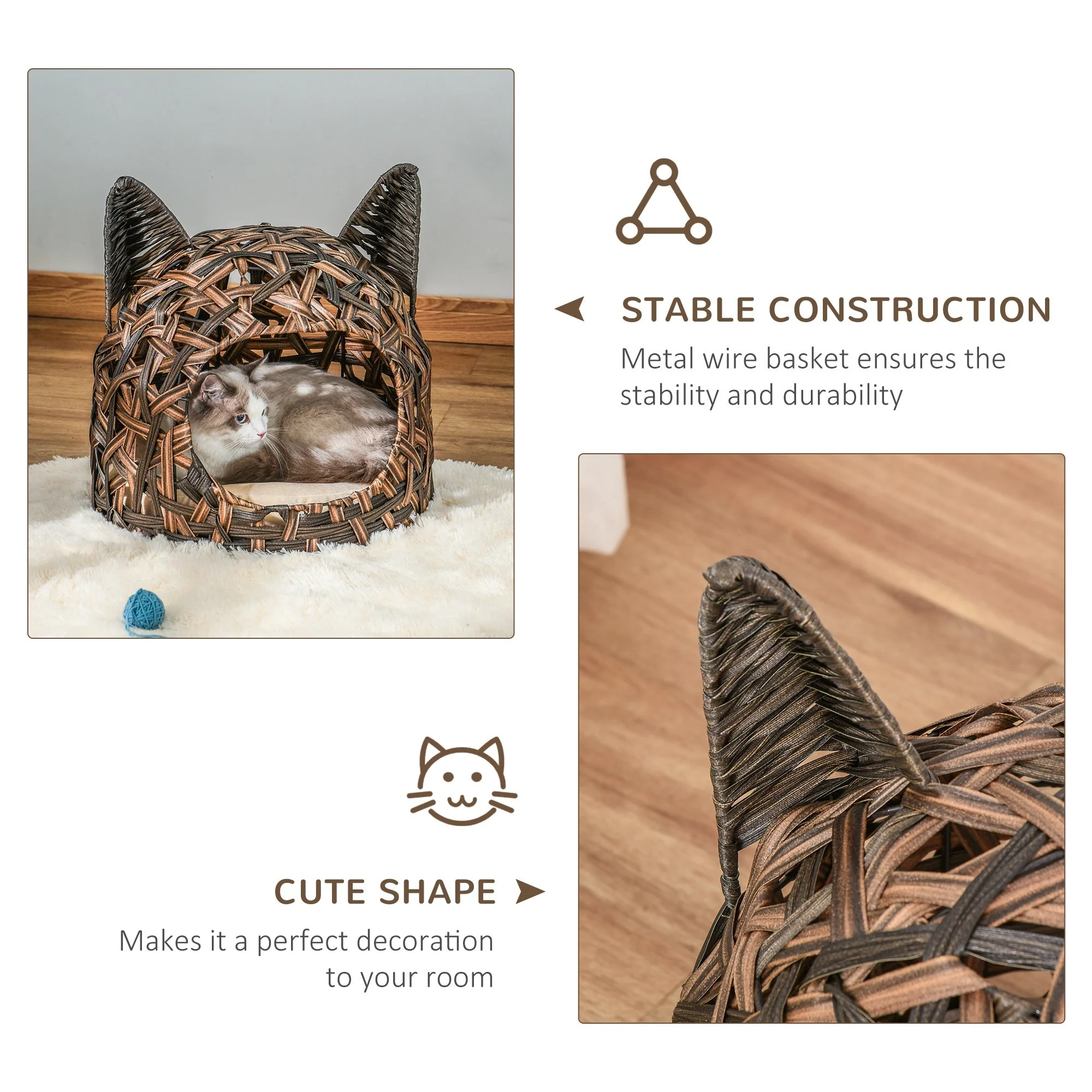 PawHut Wicker Cat Bed Rattan Kitten Basket Pet Den. House Cozy Cute-shaped Cave with Soft Cushion Brown - Image 3