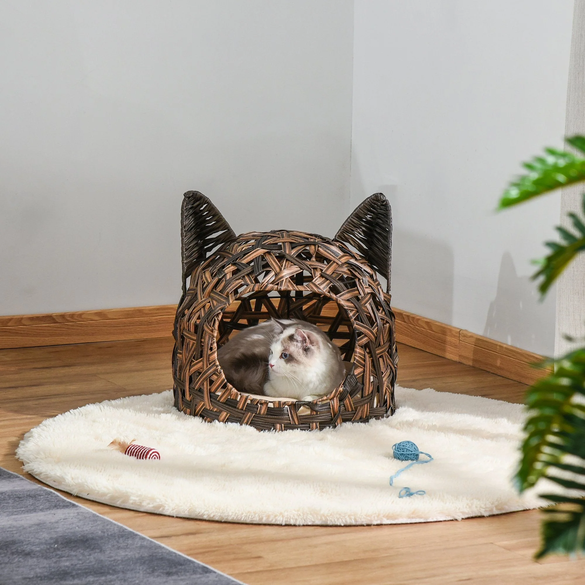 PawHut Wicker Cat Bed Rattan Kitten Basket Pet Den. House Cozy Cute-shaped Cave with Soft Cushion Brown - Image 4