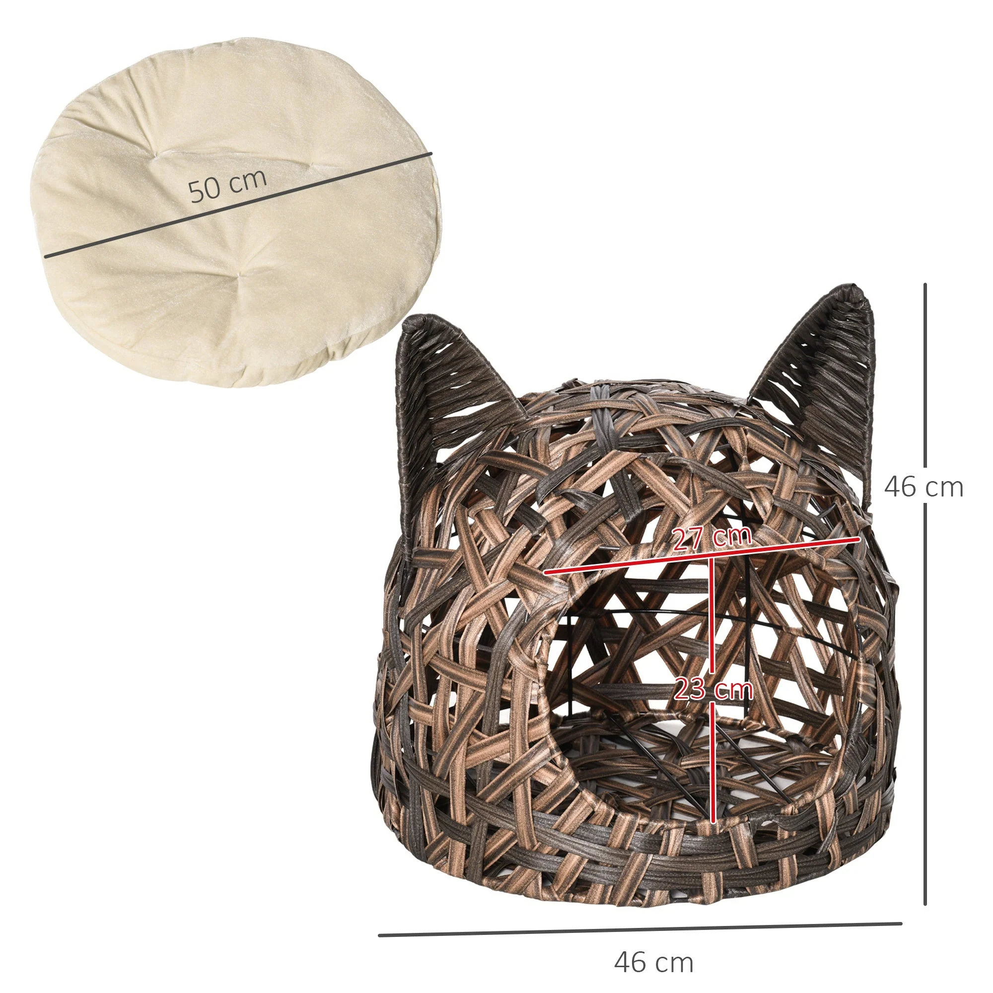 PawHut Wicker Cat Bed Rattan Kitten Basket Pet Den. House Cozy Cute-shaped Cave with Soft Cushion Brown - Image 5