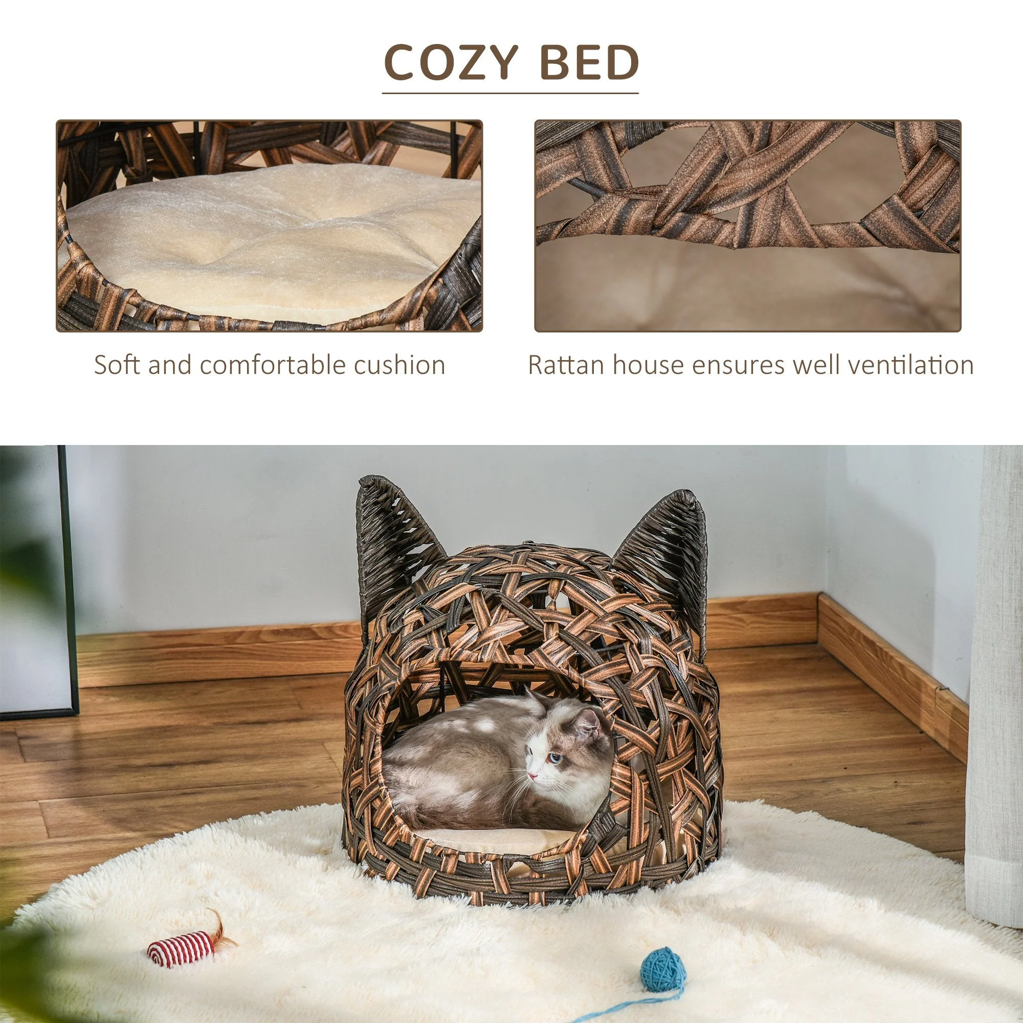 PawHut Wicker Cat Bed Rattan Kitten Basket Pet Den. House Cozy Cute-shaped Cave with Soft Cushion Brown - Image 6