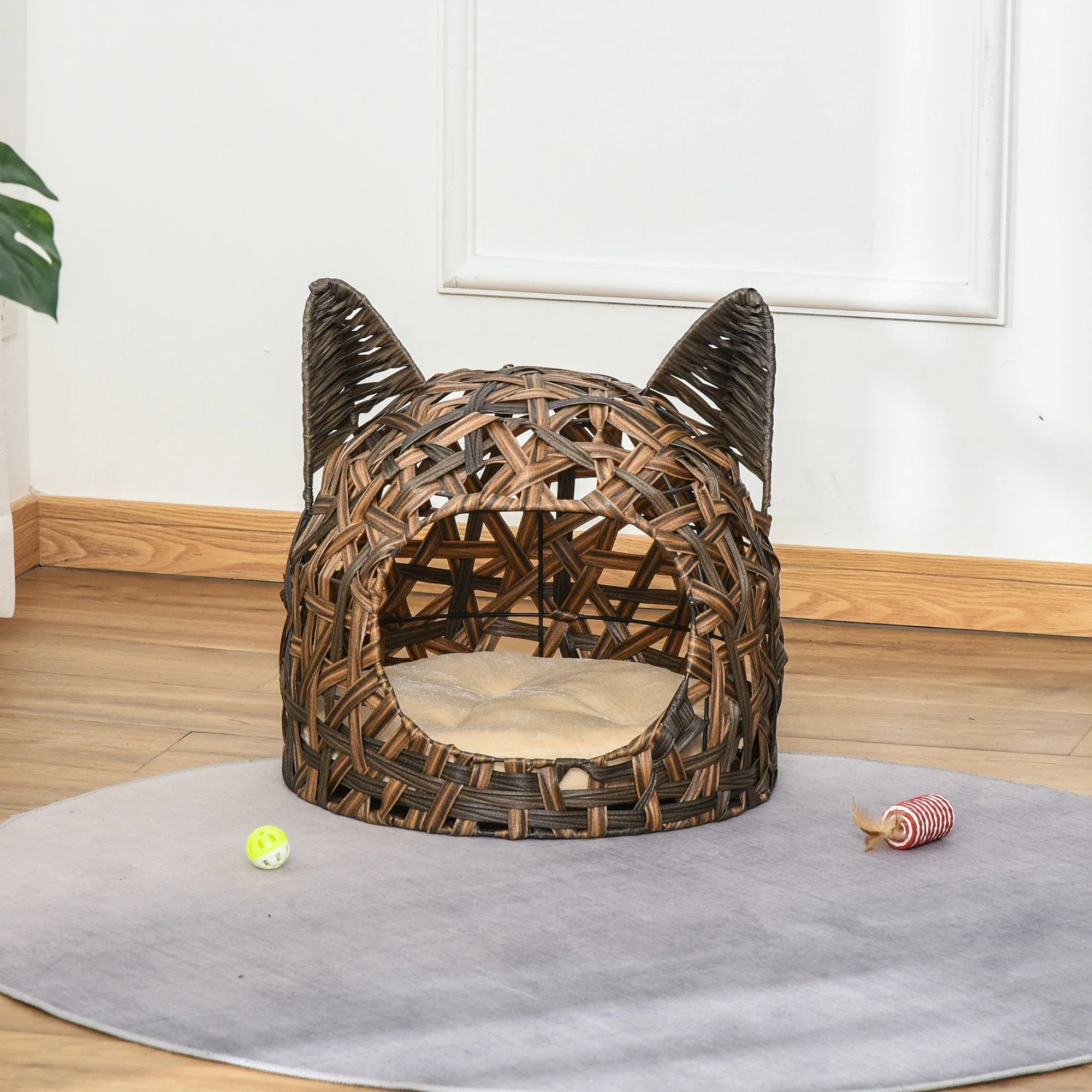 PawHut Wicker Cat Bed Rattan Kitten Basket Pet Den. House Cozy Cute-shaped Cave with Soft Cushion Brown - Image 9