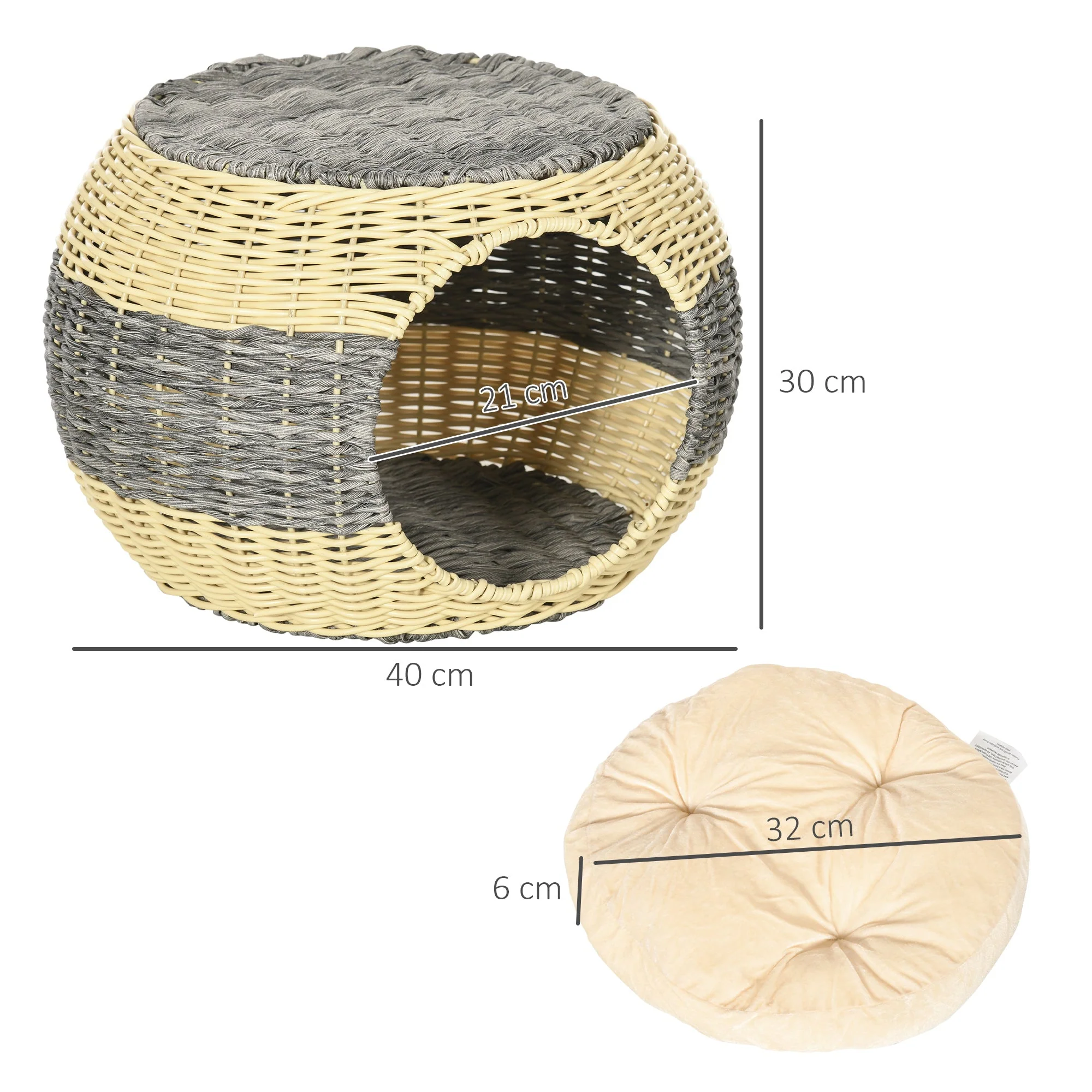 Pawhut Wicker Cat House Rattan Raised Cat Bed Cosy Kitten Cave With Soft Washable Cushion Diameter 40 X 30cm - Image 2