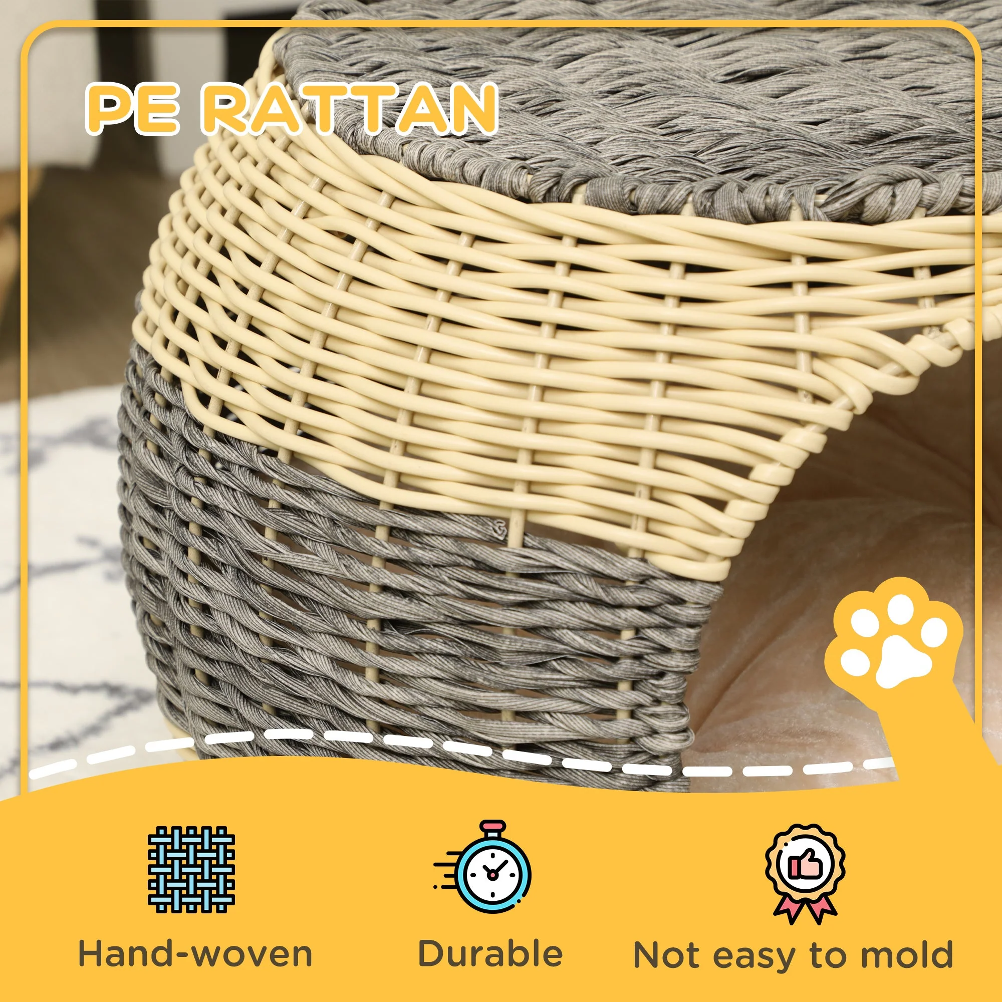 Pawhut Wicker Cat House Rattan Raised Cat Bed Cosy Kitten Cave With Soft Washable Cushion Diameter 40 X 30cm - Image 3