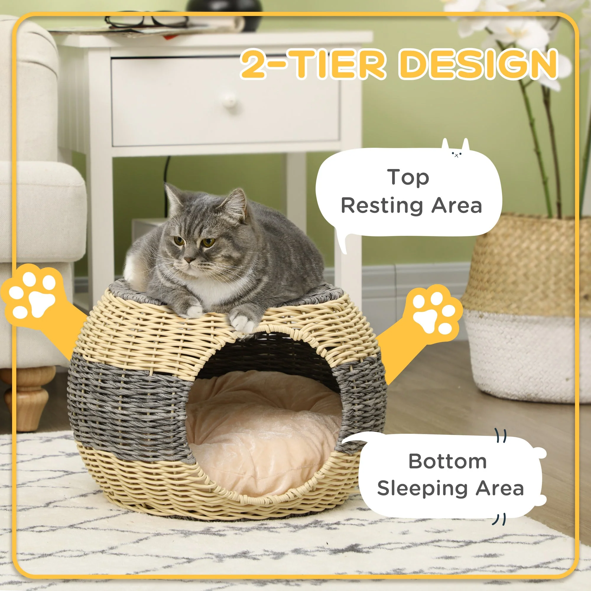 Pawhut Wicker Cat House Rattan Raised Cat Bed Cosy Kitten Cave With Soft Washable Cushion Diameter 40 X 30cm - Image 4