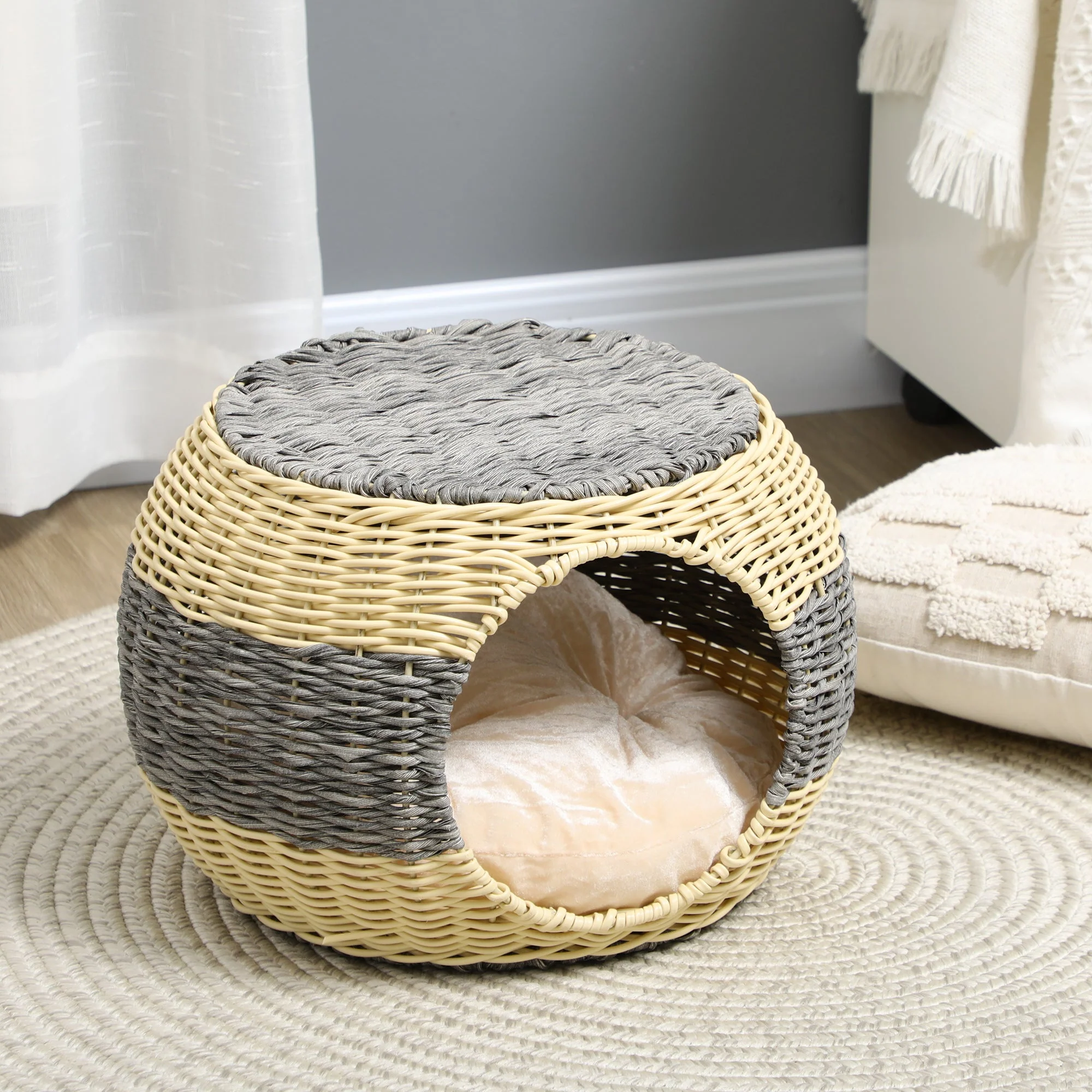 Pawhut Wicker Cat House Rattan Raised Cat Bed Cosy Kitten Cave With Soft Washable Cushion Diameter 40 X 30cm - Image 6