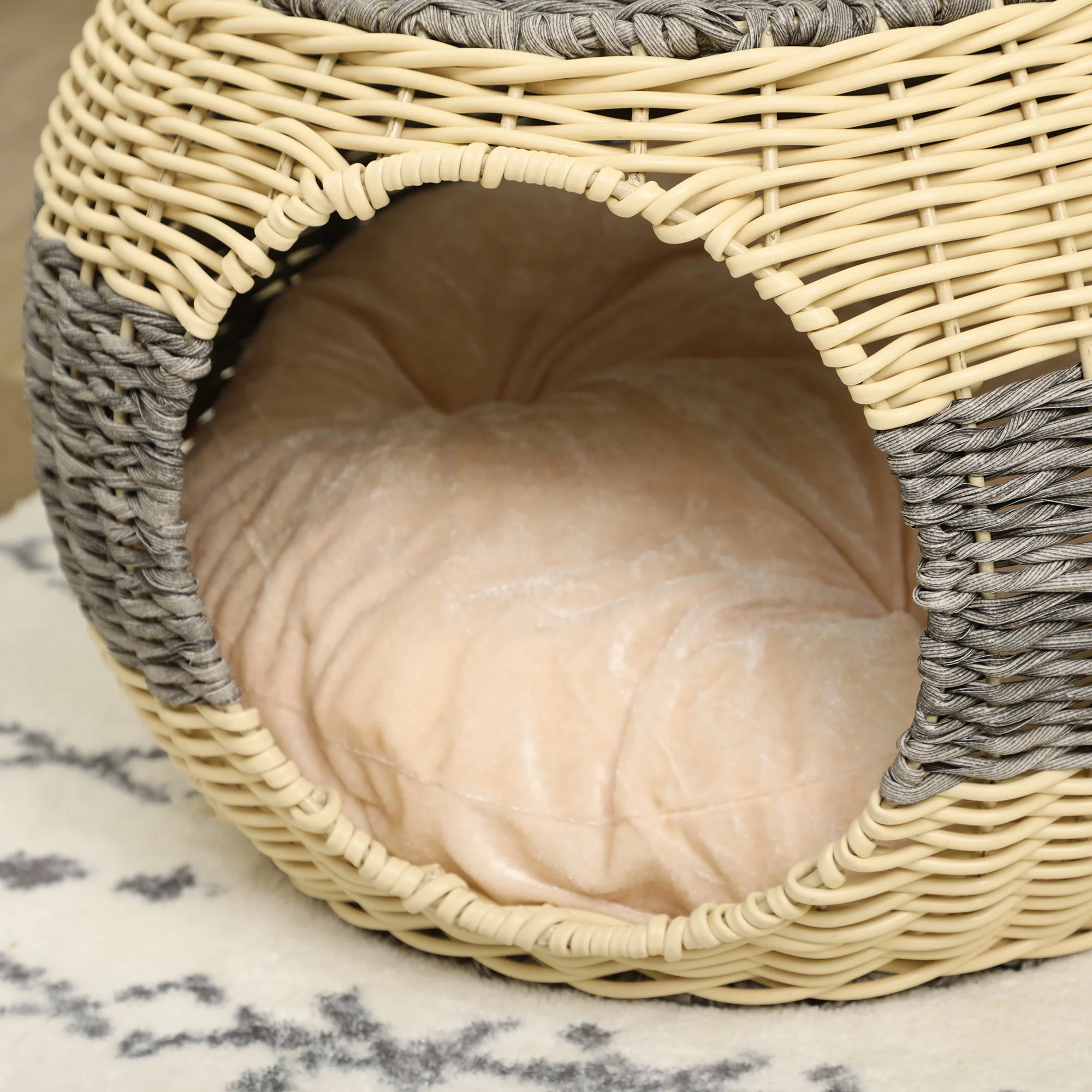 Pawhut Wicker Cat House Rattan Raised Cat Bed Cosy Kitten Cave With Soft Washable Cushion Diameter 40 X 30cm - Image 7
