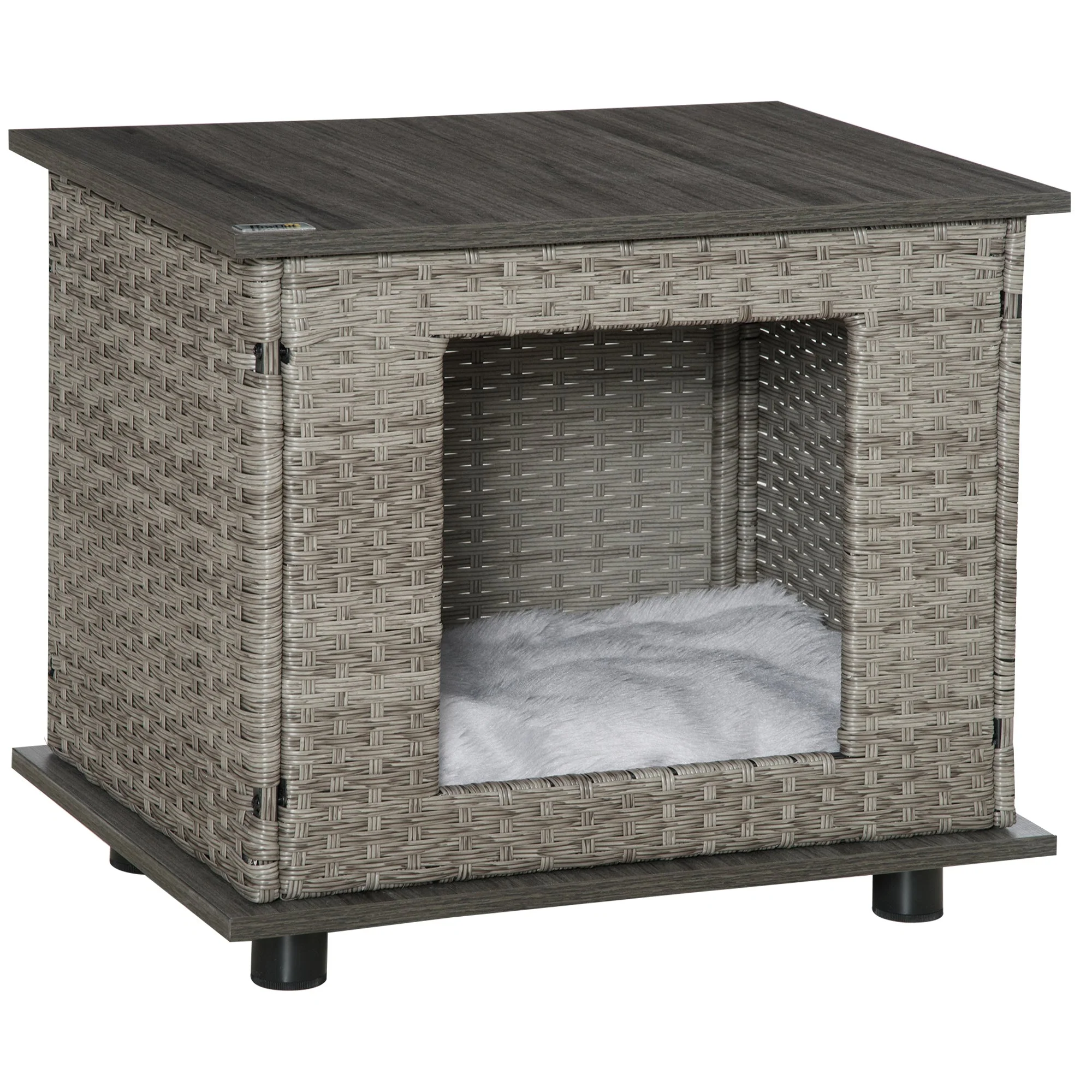 PawHut Wicker Dog House Rattan Pet Bed End Table Furniture with Soft Cushion Adjustable Feet for X-Small Dogs - Image 3