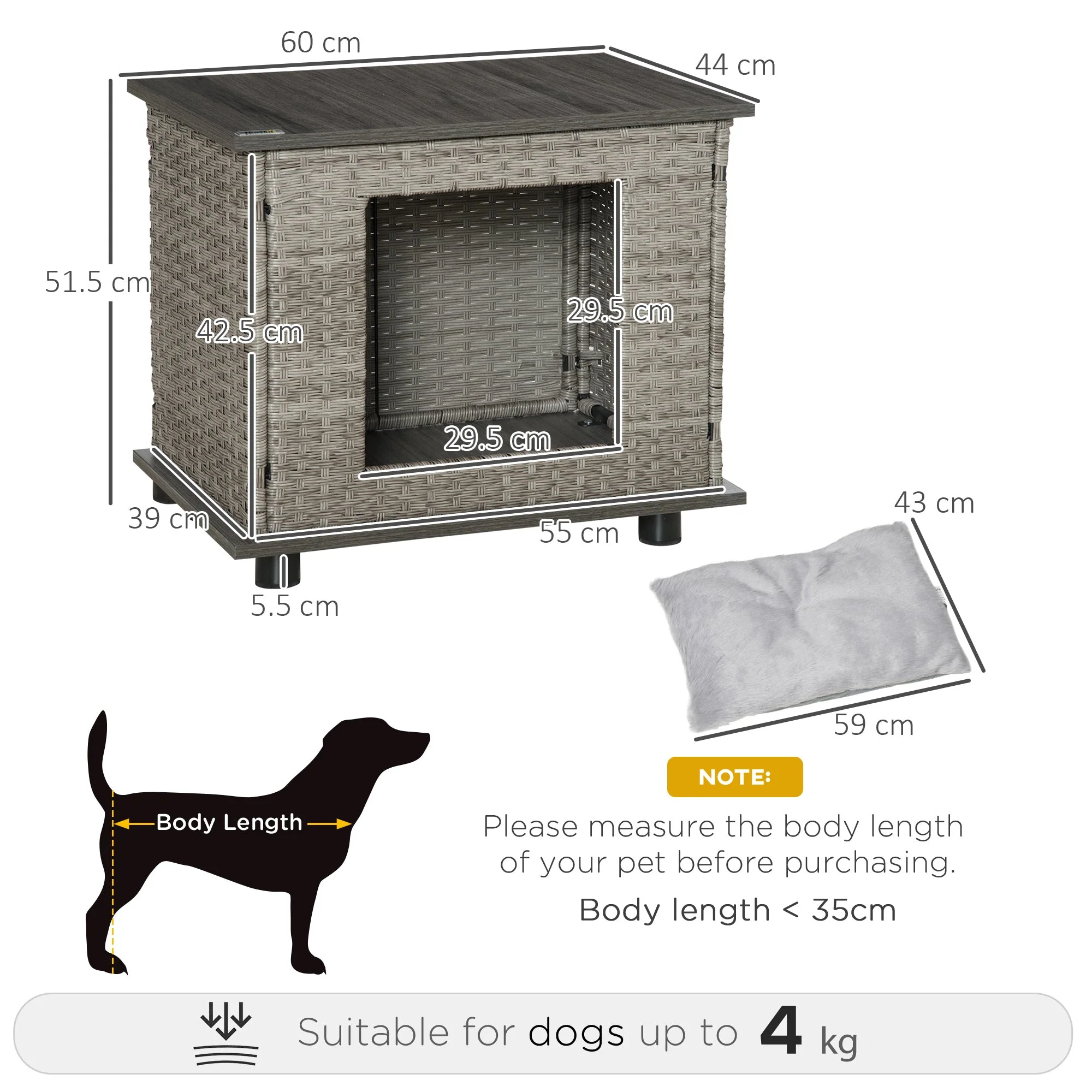 PawHut Wicker Dog House Rattan Pet Bed End Table Furniture with Soft Cushion Adjustable Feet for X-Small Dogs - Image 4