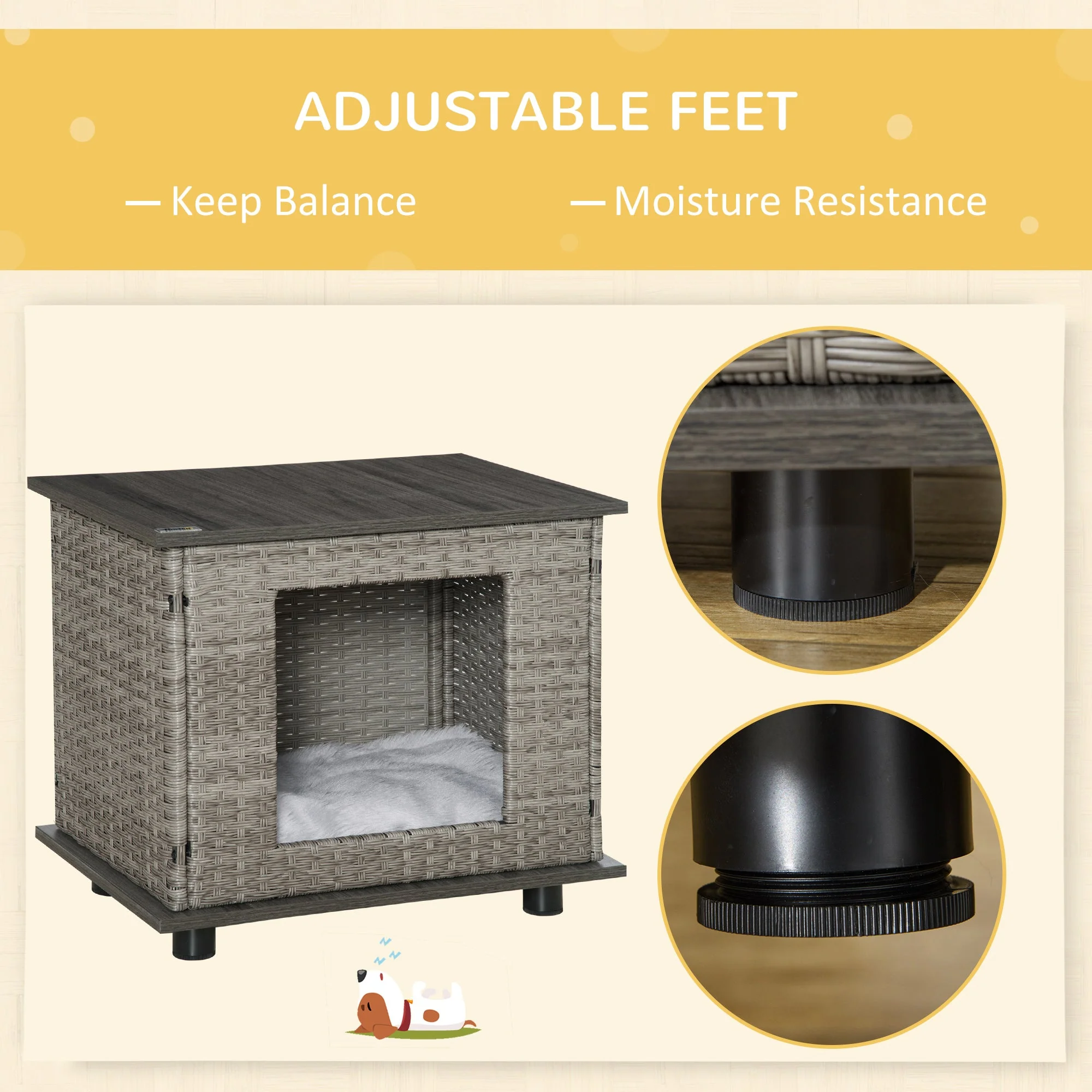 PawHut Wicker Dog House Rattan Pet Bed End Table Furniture with Soft Cushion Adjustable Feet for X-Small Dogs - Image 5