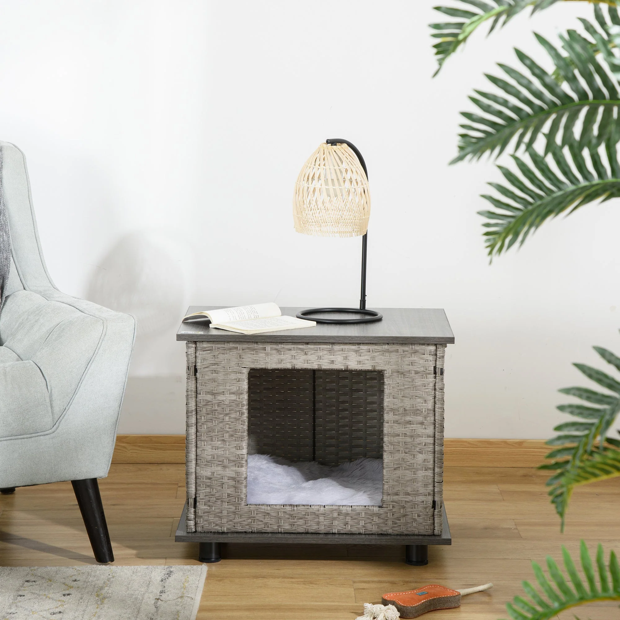 PawHut Wicker Dog House Rattan Pet Bed End Table Furniture with Soft Cushion Adjustable Feet for X-Small Dogs - Image 9