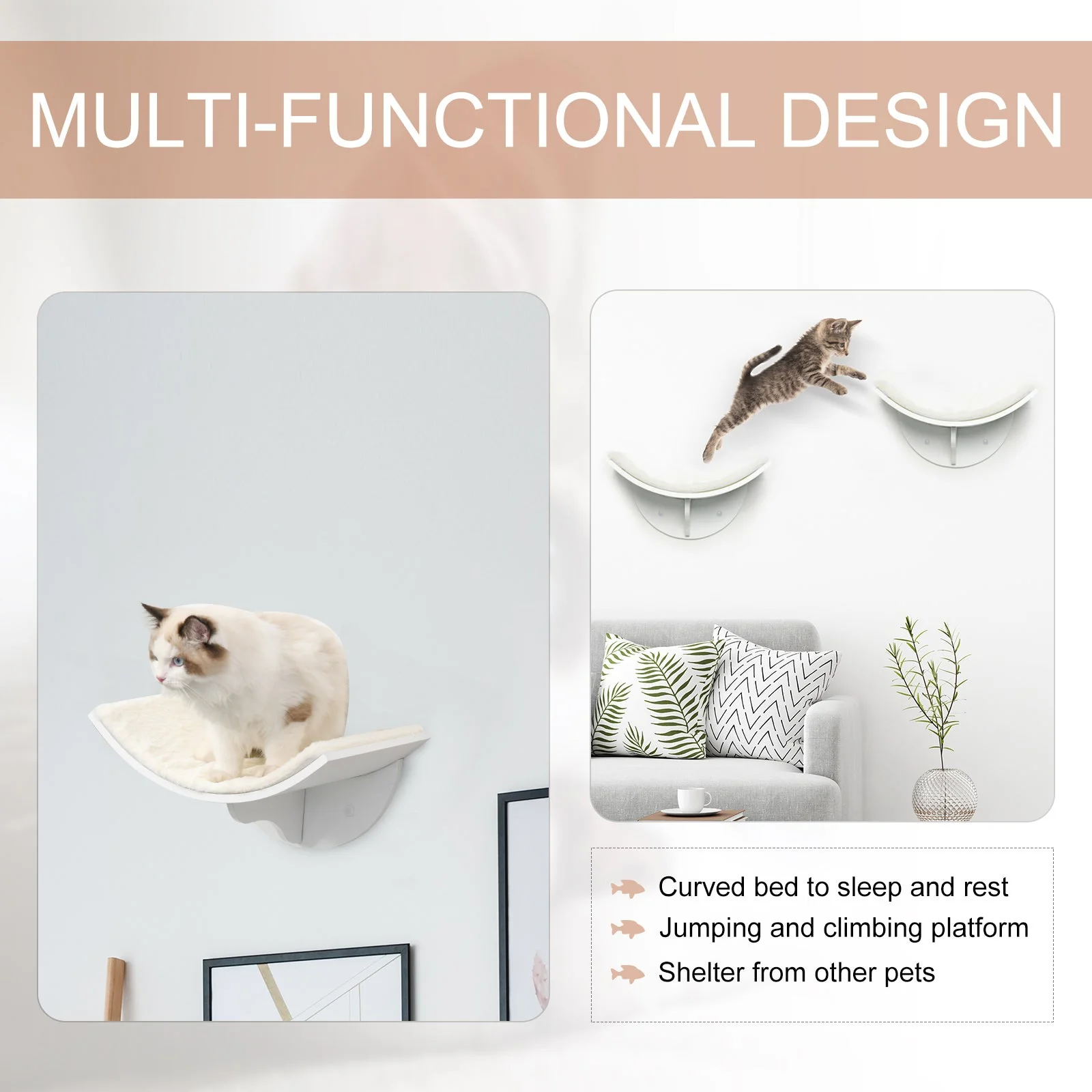 PawHut Wood Cat Shelf Shelter Kitten Bed Curved Climber Wall-Mounted Berber Fleece - Image 2