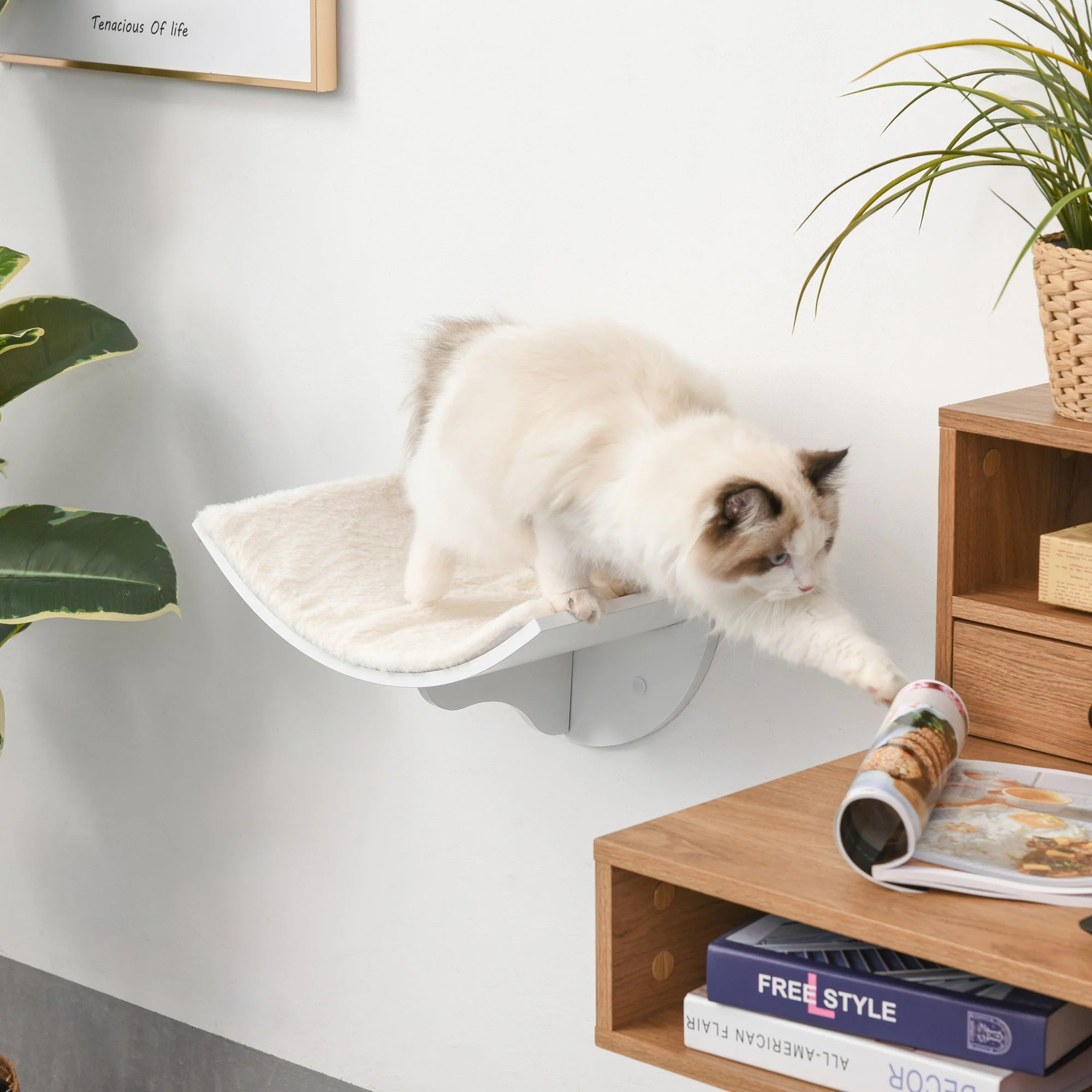 PawHut Wood Cat Shelf Shelter Kitten Bed Curved Climber Wall-Mounted Berber Fleece - Image 9