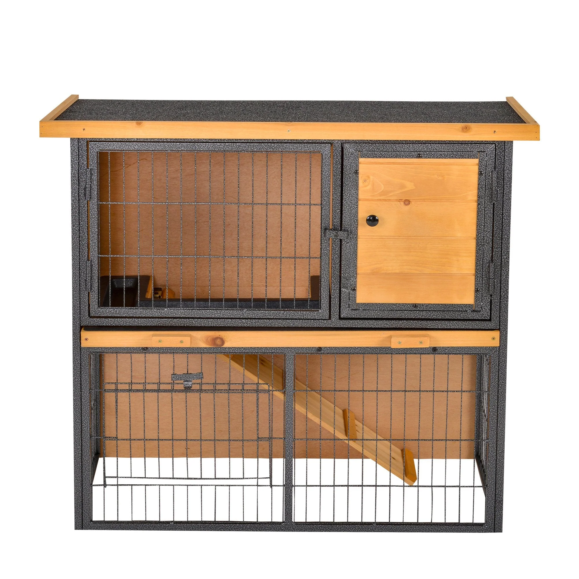 PawHut Wood-metal Rabbit Hutch Guinea Pig Hutch Elevated Pet House Bunny Cage with Slide-Out Tray Openable Roof Outdoor 89.5 x 45 x 81cm Light Yellow - Image 2
