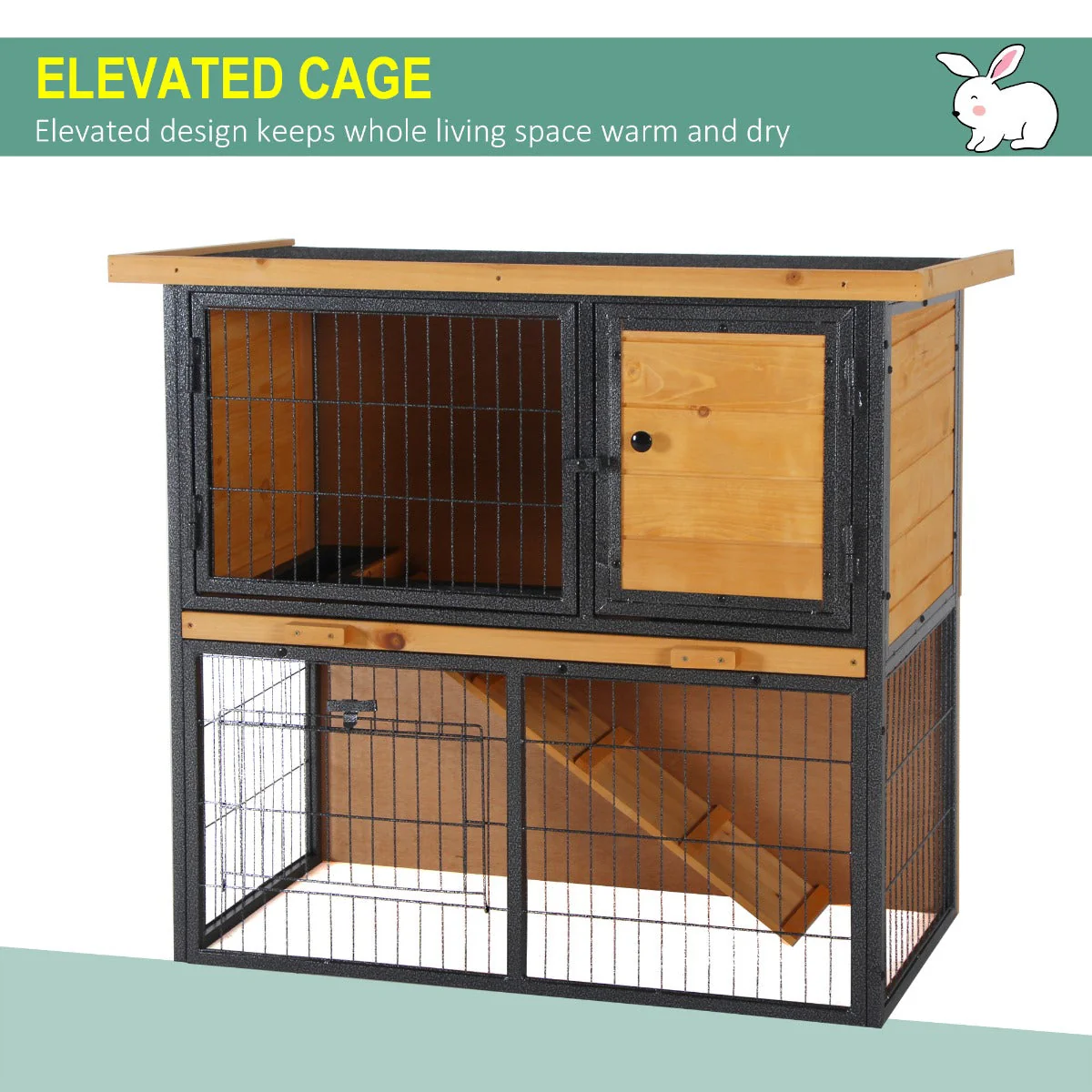 PawHut Wood-metal Rabbit Hutch Guinea Pig Hutch Elevated Pet House Bunny Cage with Slide-Out Tray Openable Roof Outdoor 89.5 x 45 x 81cm Light Yellow - Image 4