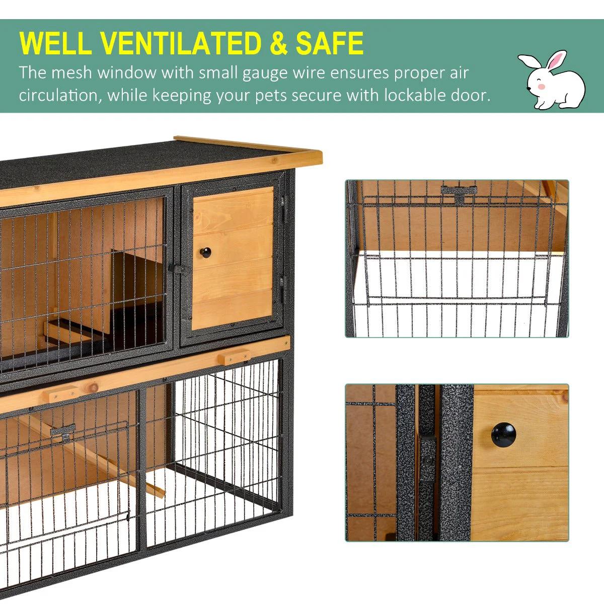 PawHut Wood-metal Rabbit Hutch Guinea Pig Hutch Elevated Pet House Bunny Cage with Slide-Out Tray Openable Roof Outdoor 89.5 x 45 x 81cm Light Yellow - Image 5