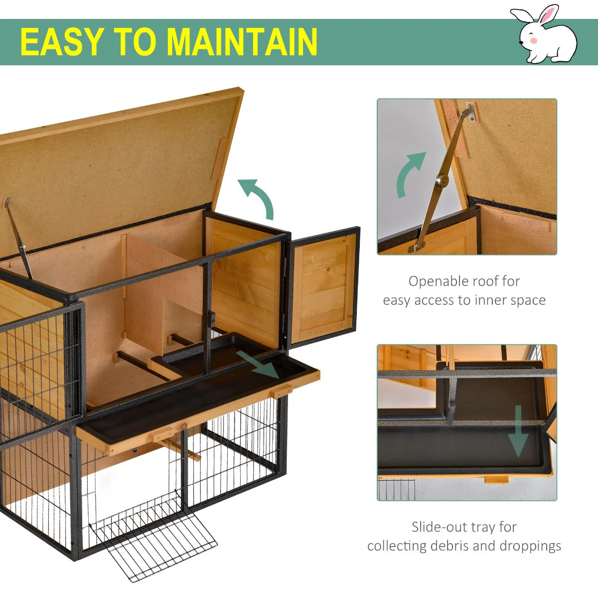 PawHut Wood-metal Rabbit Hutch Guinea Pig Hutch Elevated Pet House Bunny Cage with Slide-Out Tray Openable Roof Outdoor 89.5 x 45 x 81cm Light Yellow - Image 6