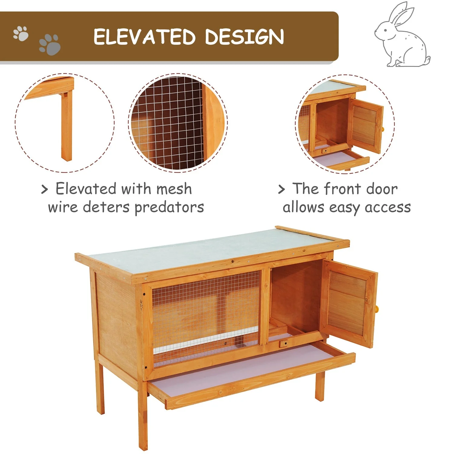 PawHut Wood Rabbit Hutch Guinea Pig House Bunny Cage Shelter Indoor Outdoor Elevated with Sliding Tray 90x45x65cm - Image 4