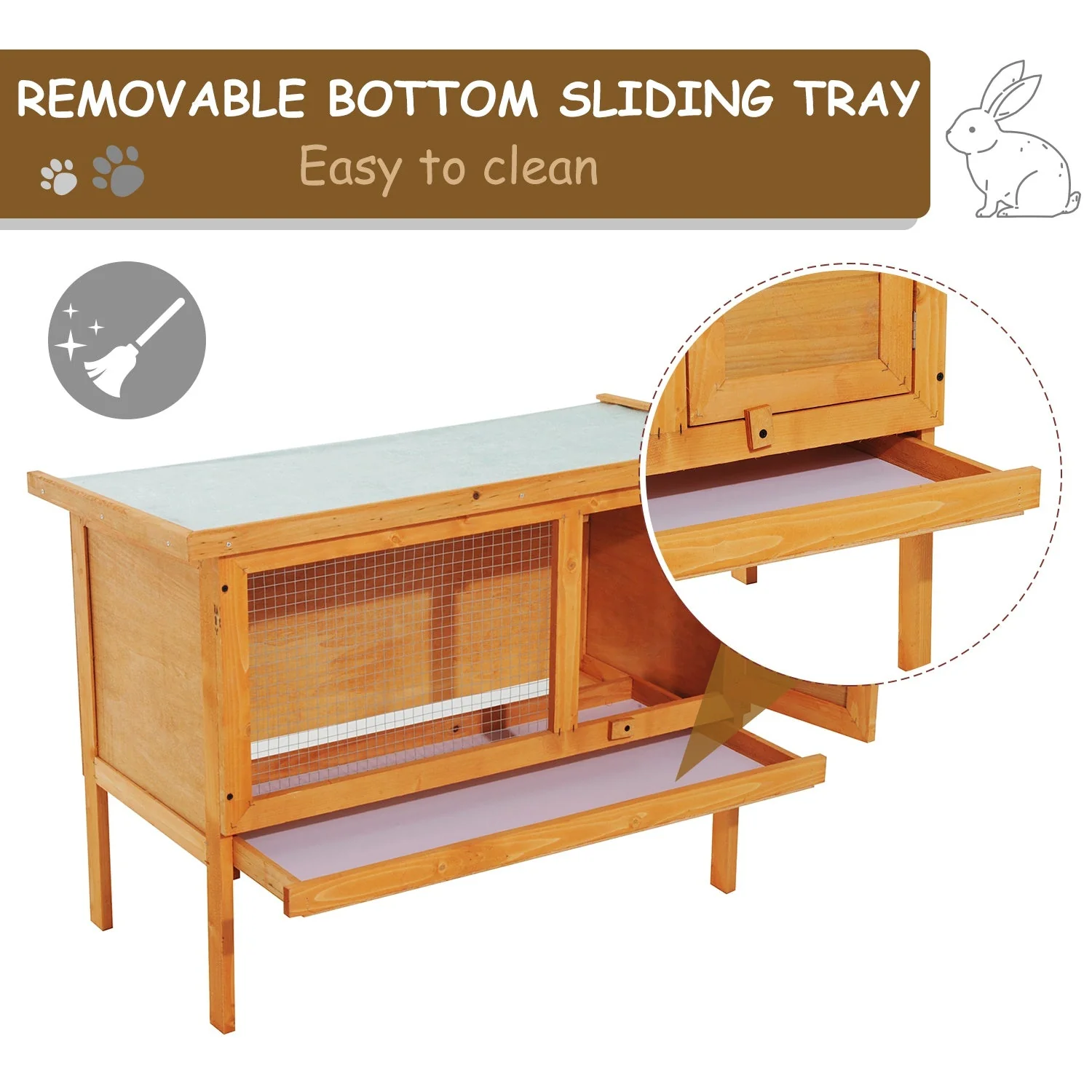 PawHut Wood Rabbit Hutch Guinea Pig House Bunny Cage Shelter Indoor Outdoor Elevated with Sliding Tray 90x45x65cm - Image 7