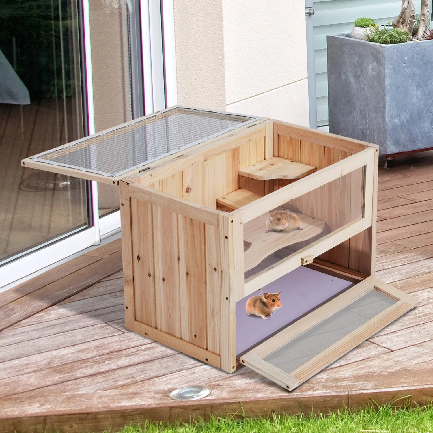 Pawhut Wooden Hamster Cage Mouse Mice Rodent Small Animals Hutch Exercise Play House 60 X 35 X 42cm - Image 2