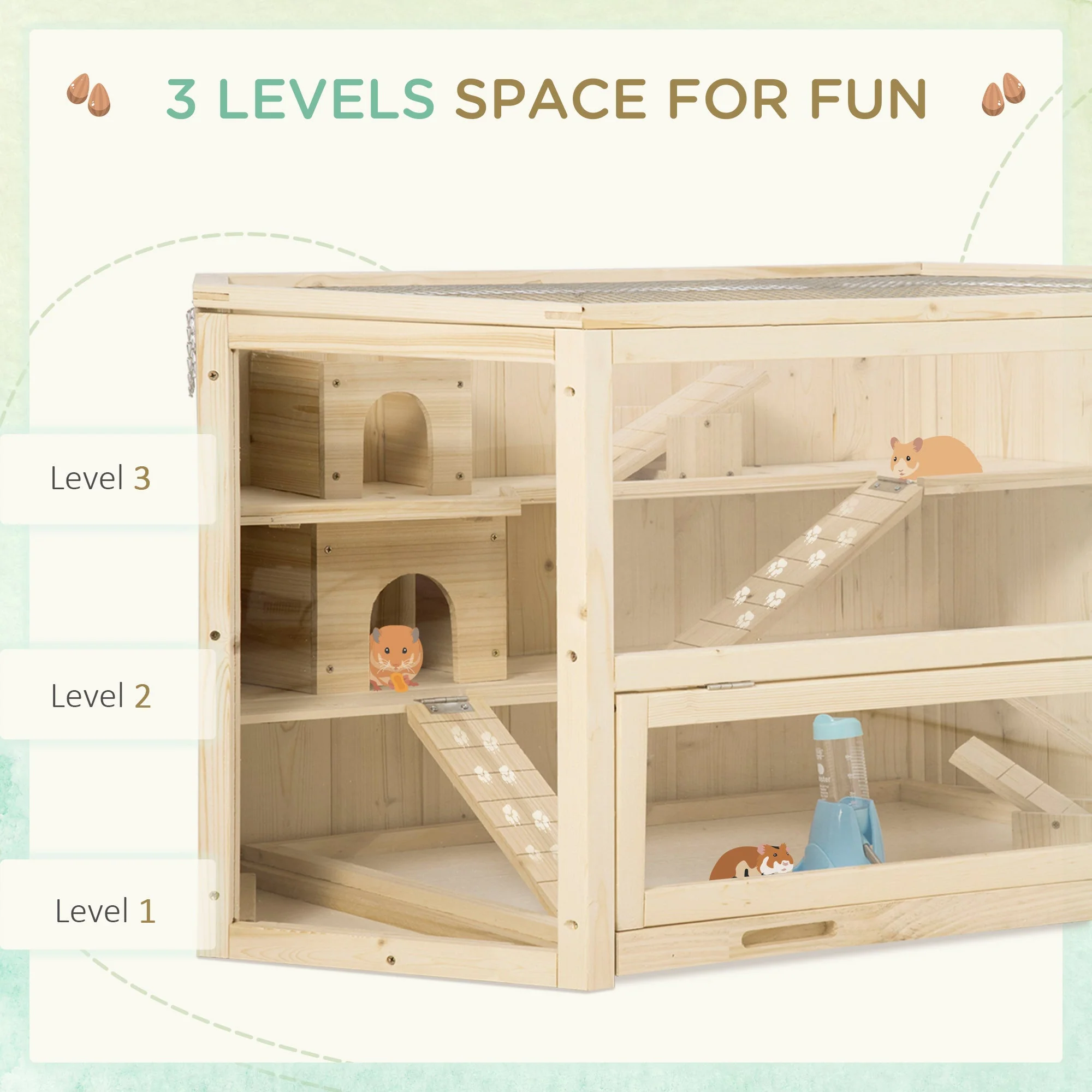 PawHut Wooden Large Hamster Cage Small Animal Exercise Play House 3 Tier with Sliding Tray - Image 2
