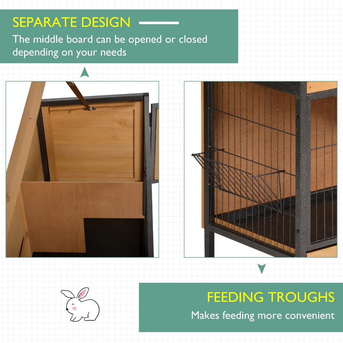 PawHut Wooden Metal Rabbit Hutch Guinea Pig Hutch Bunny Cage Pet House Bunny w/ Slide-Out Tray Outdoor Light Yellow - Image 2