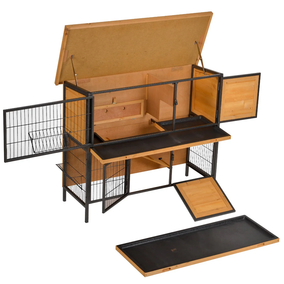 PawHut Wooden Metal Rabbit Hutch Guinea Pig Hutch Bunny Cage Pet House Bunny w/ Slide-Out Tray Outdoor Light Yellow - Image 3