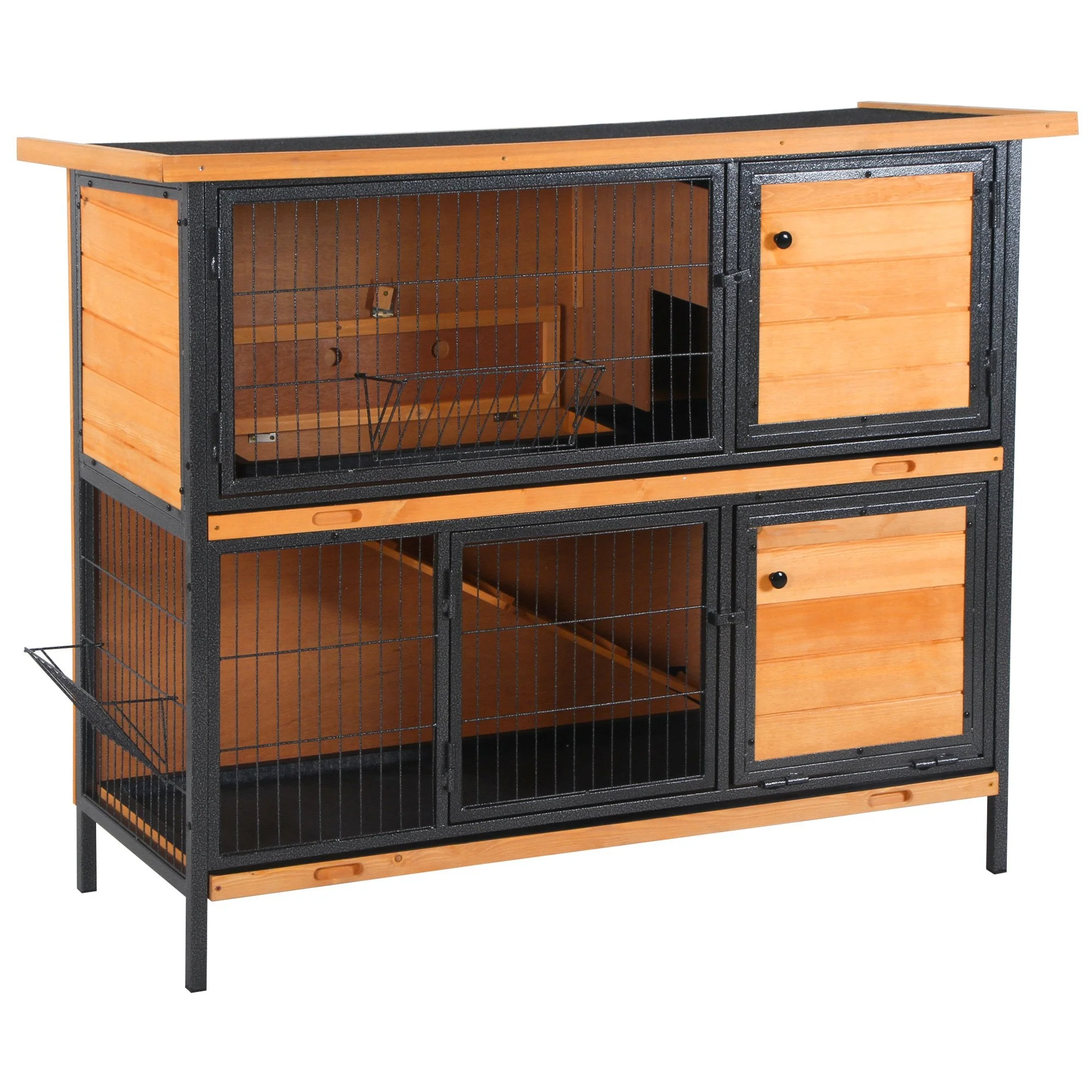 PawHut Wooden Metal Rabbit Hutch Guinea Pig Hutch Bunny Cage Pet House Bunny w/ Slide-Out Tray Outdoor Light Yellow - Image 4