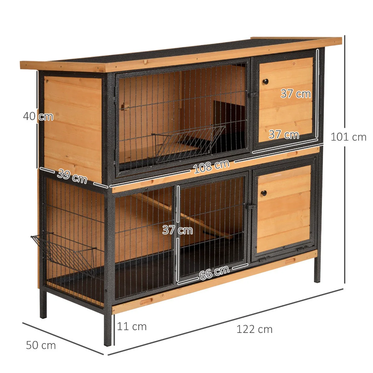 PawHut Wooden Metal Rabbit Hutch Guinea Pig Hutch Bunny Cage Pet House Bunny w/ Slide-Out Tray Outdoor Light Yellow - Image 5