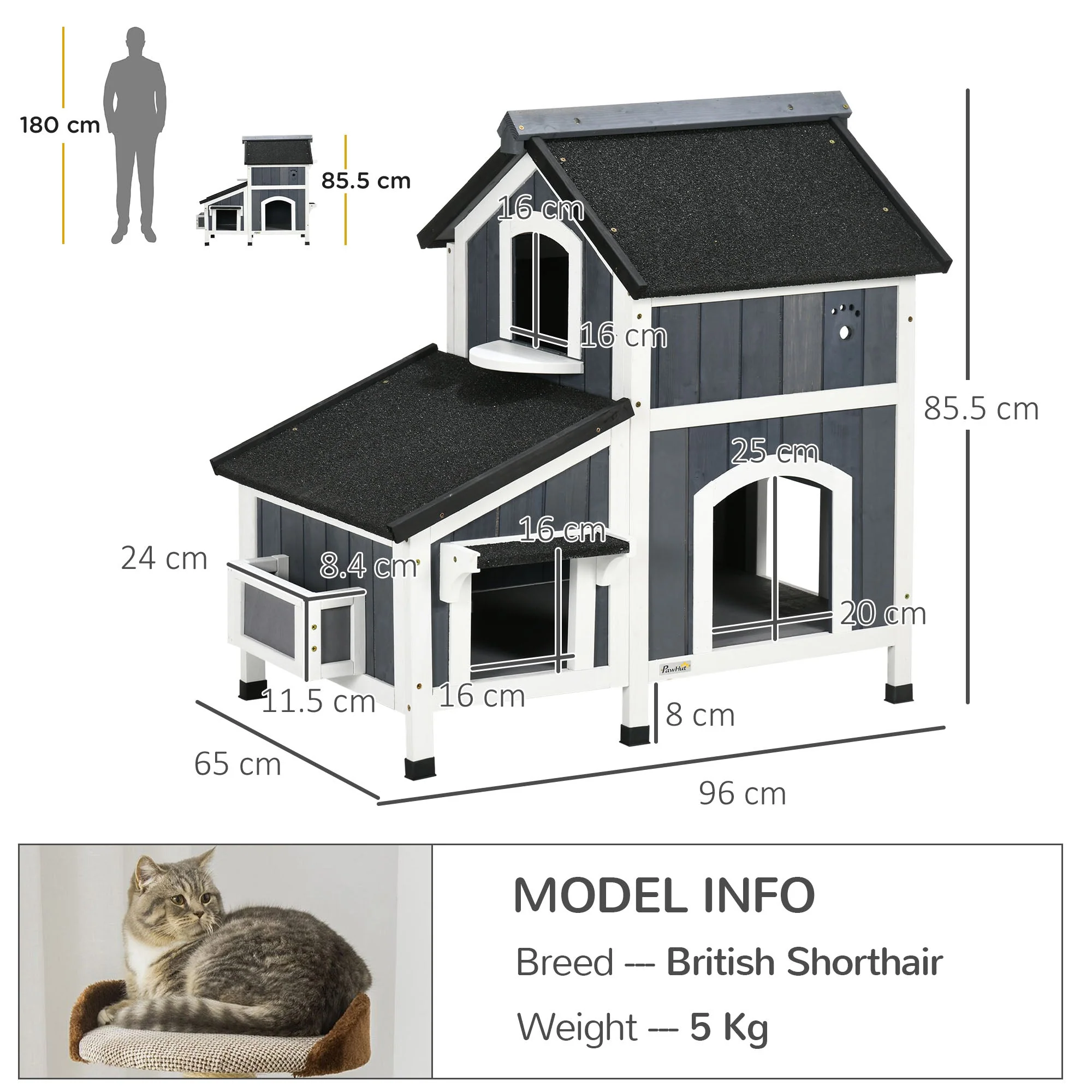 PawHut Wooden Outdoor Cat House with Flower Pot - Image 2